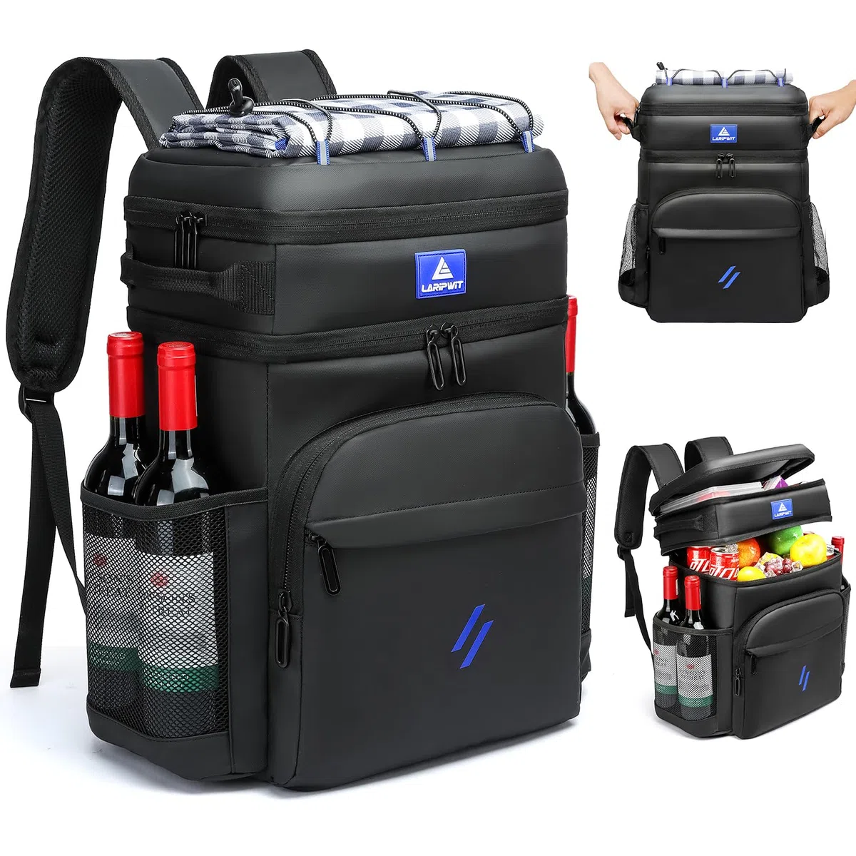 Laripwit Zaino Termico Grande 30 Litri, in Pelle PU, Doppio Strato Prova di Perdite Picnic Borsa Frigo Zaino, Unisex, Perfetto Per Campeggio, Pranzo, Spiaggia, Nero