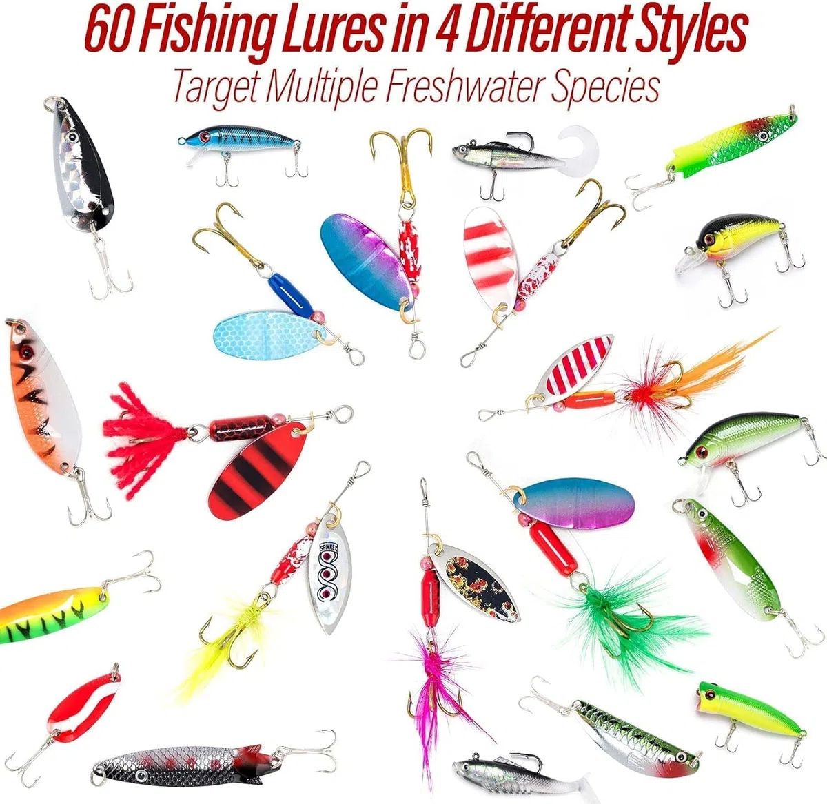 Dr.Fish Borsa per attrezzatura da pesca 5 scatole per attrezzatura con 60 esche da pesca incluse Kit di scatola per attrezzatura da pesca con spalle imbottite