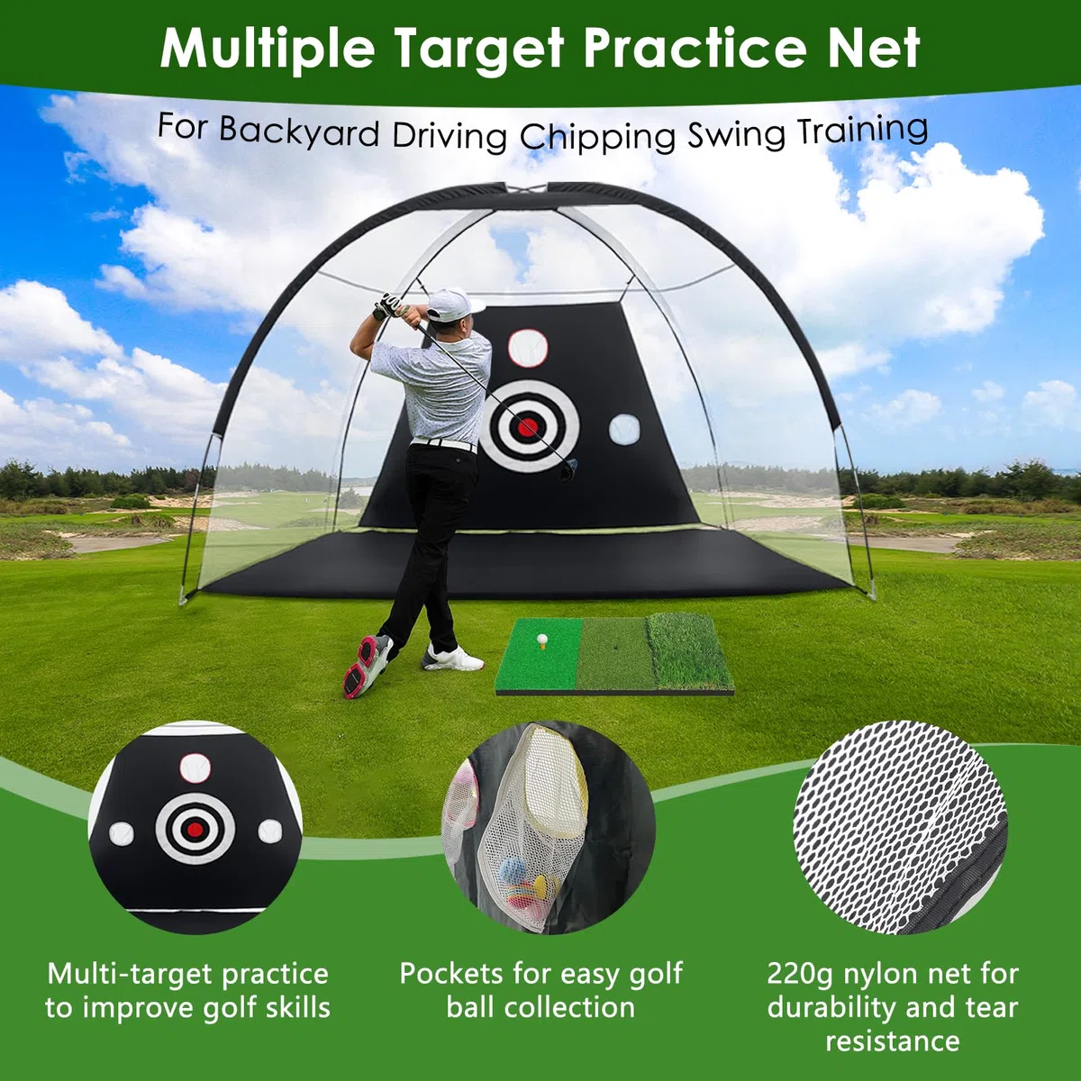 TTCB Sports Rete da golf, 10 x 7 m, rete da golf, per attività all'aperto, per interni ed esterni, per allenamento da golf, per regali, accessori da golf, con tappetino, palle, tè, correttore