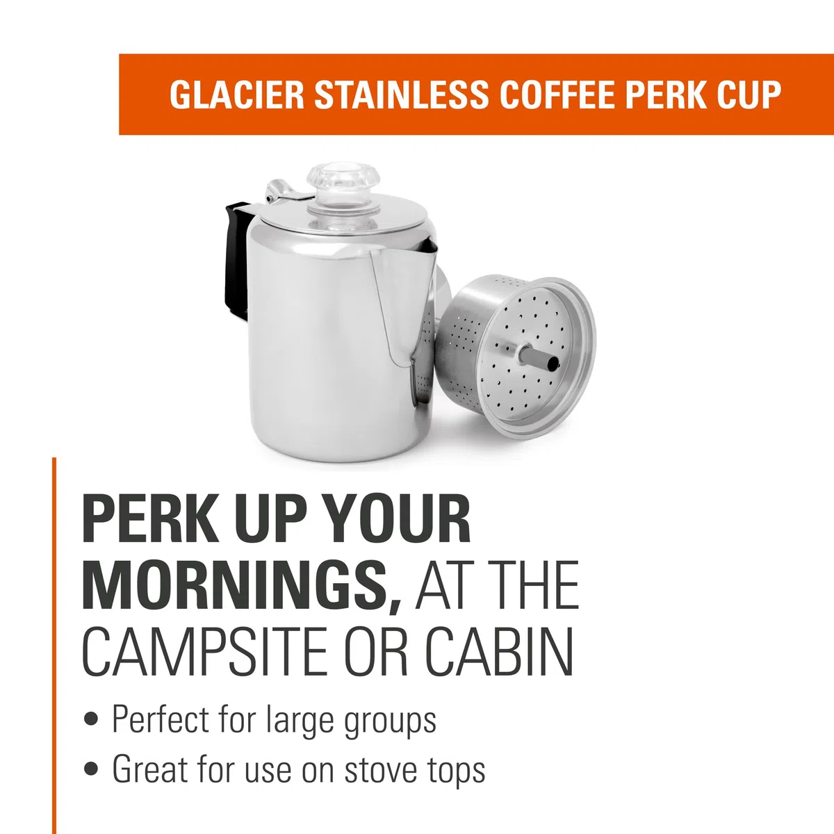 GSI Outdoors Caffettiera da 3 tazze in acciaio inox con manico in silicone per campeggio, viaggi, camper e caccia, sicura per stufa