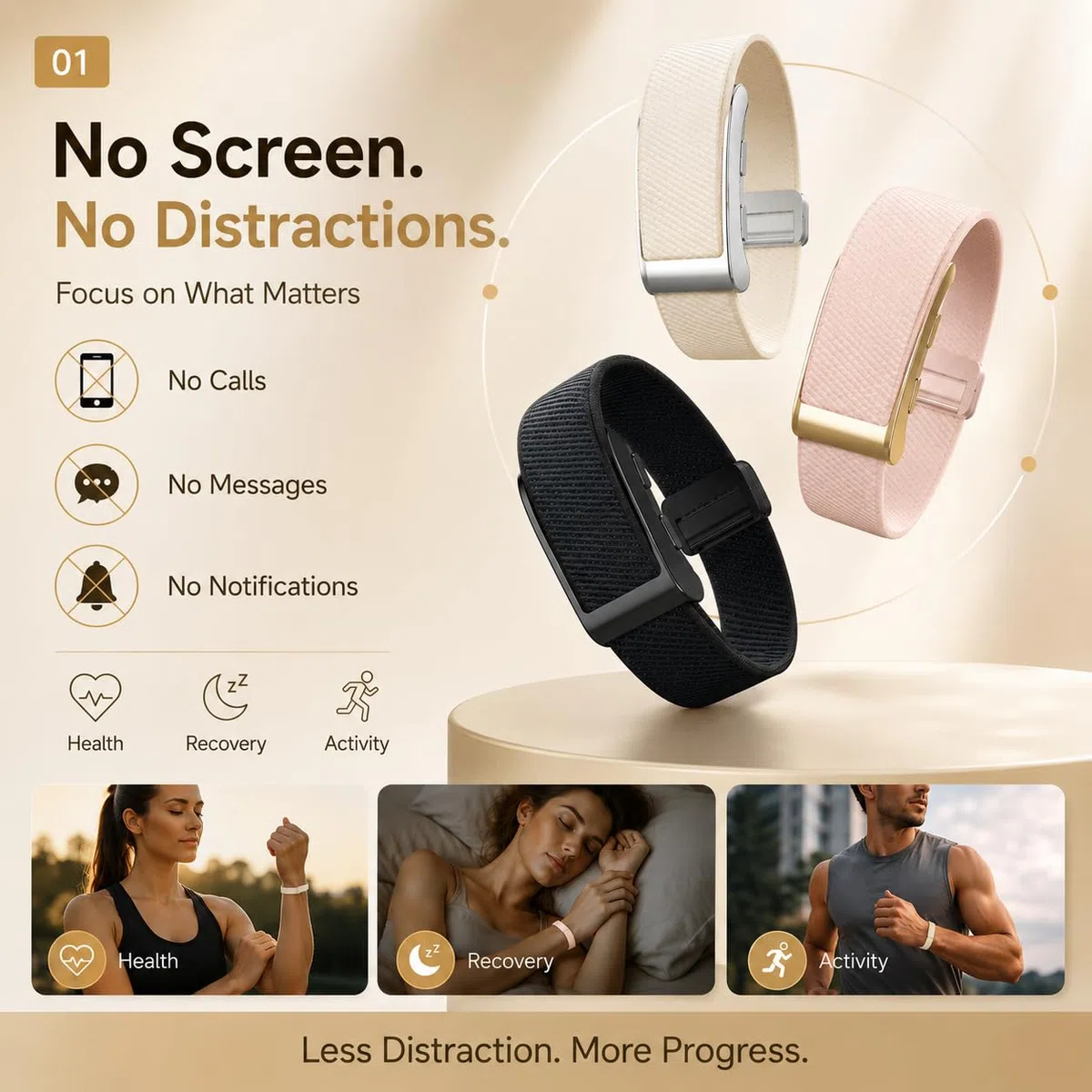 Fitness Tracker senza display, braccialetto fitness cardiofrequenzimetro | Braccialetto fitness GPS con valutazione sanitaria assistita dall'IA, monitoraggio del sonno, contapassi
