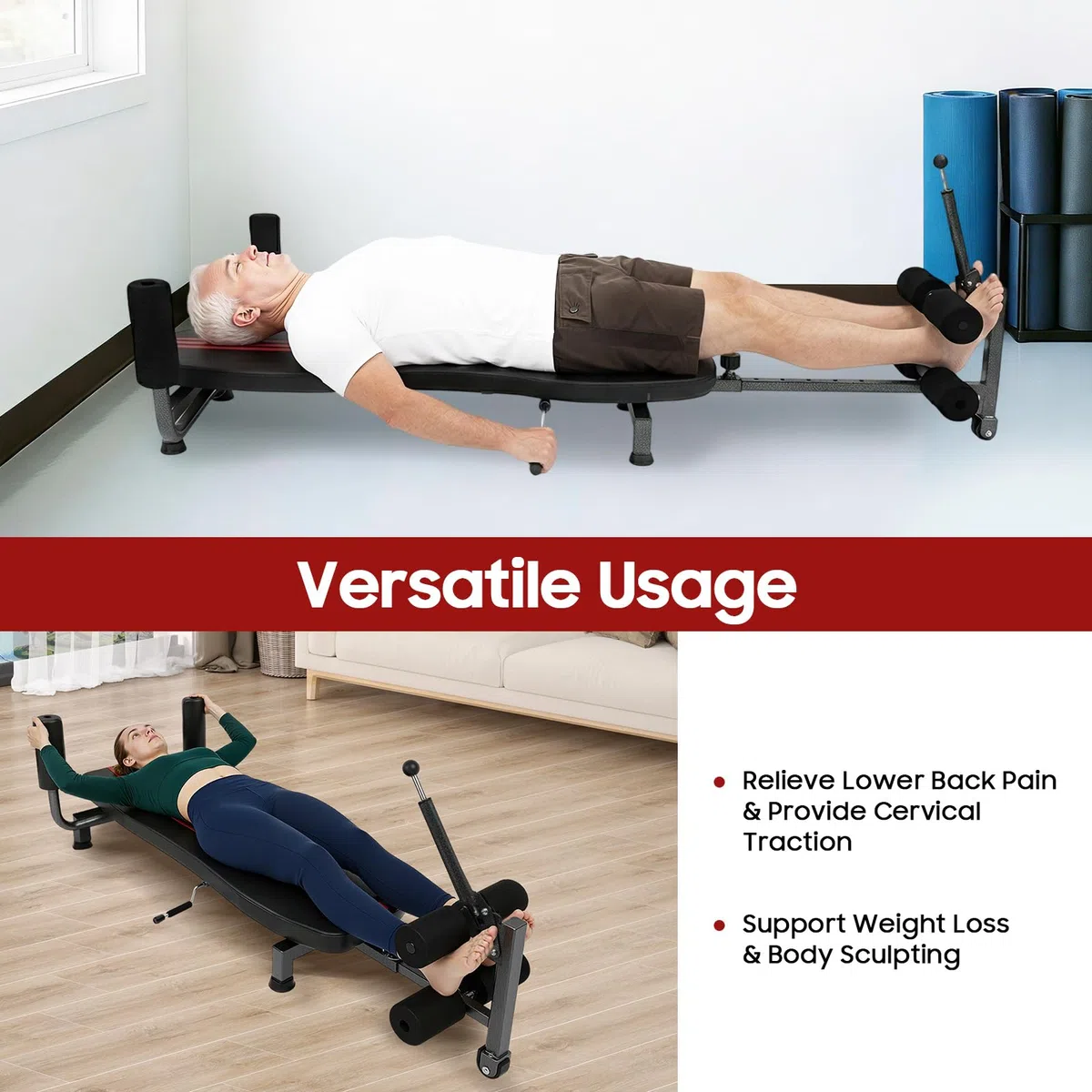 Panca a inversione con leva di trazione, fino a 150 kg, per altezza 145-185 cm | Dispositivo per allungare la schiena con lunghezza regolabile per l'allenamento a casa
