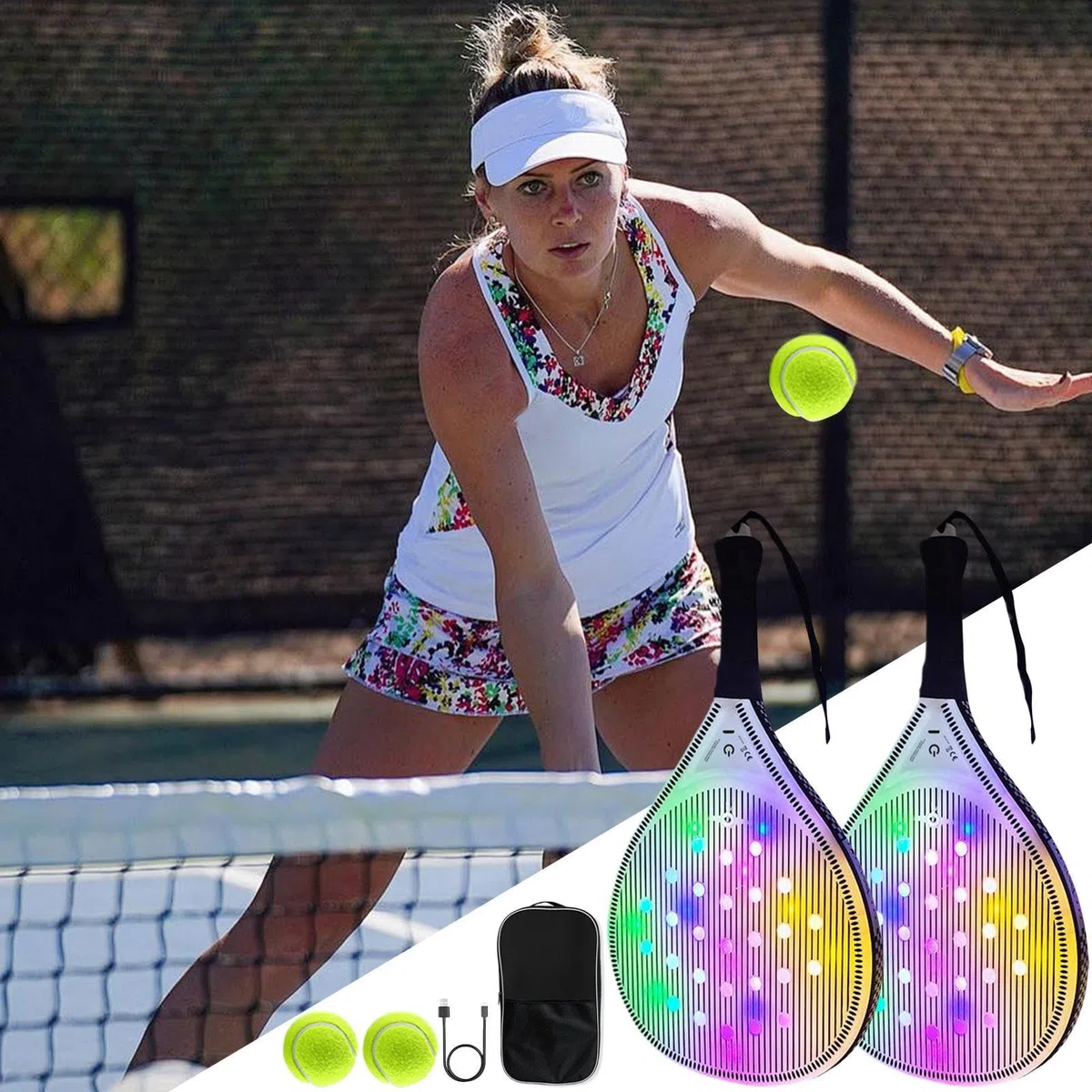 Racchetta da Tennis per Donne Set Di Pagaia Da Spiaggia Luminosa USB | Sportivi con 2 Palline per Allenamento Giornaliero All'aperto