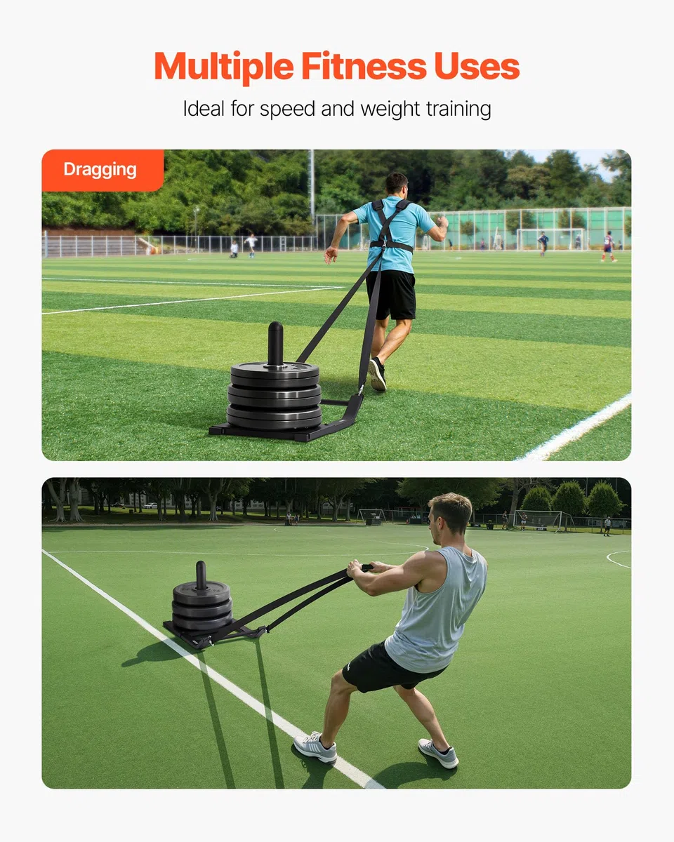 VEVOR Slitta con Pesi in Acciaio, Slitte per Allenamento di Forza e Forza per Esercizi Atletici e Miglioramento della Velocità, Slitta con Imbracatura, Compatibile con Piastre da 25/51 mm, Nero