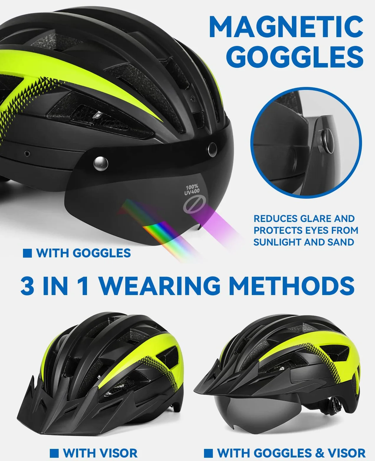 Casco Bici per Uomo Donna Adulto, Leggero MTB con Visiera Rimovibili Occhiali Magnetici e LED Luce Ricaricabile, Ciclismo da Corsa (XL: 59-63 cm, Nero Giallo)