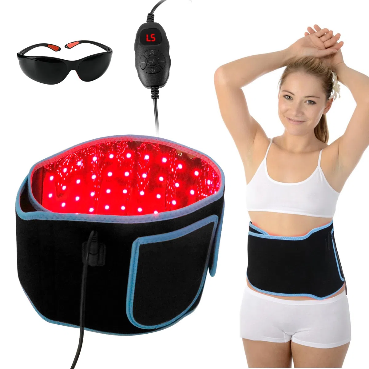 Cintura terapeutica con luce rossa 660 nm luce rossa e cintura avvolgente con luce a infrarossi a 850 nm con impostazioni del timer e occhiali per vita, cosce, braccia, ecc. - Anello muscolare