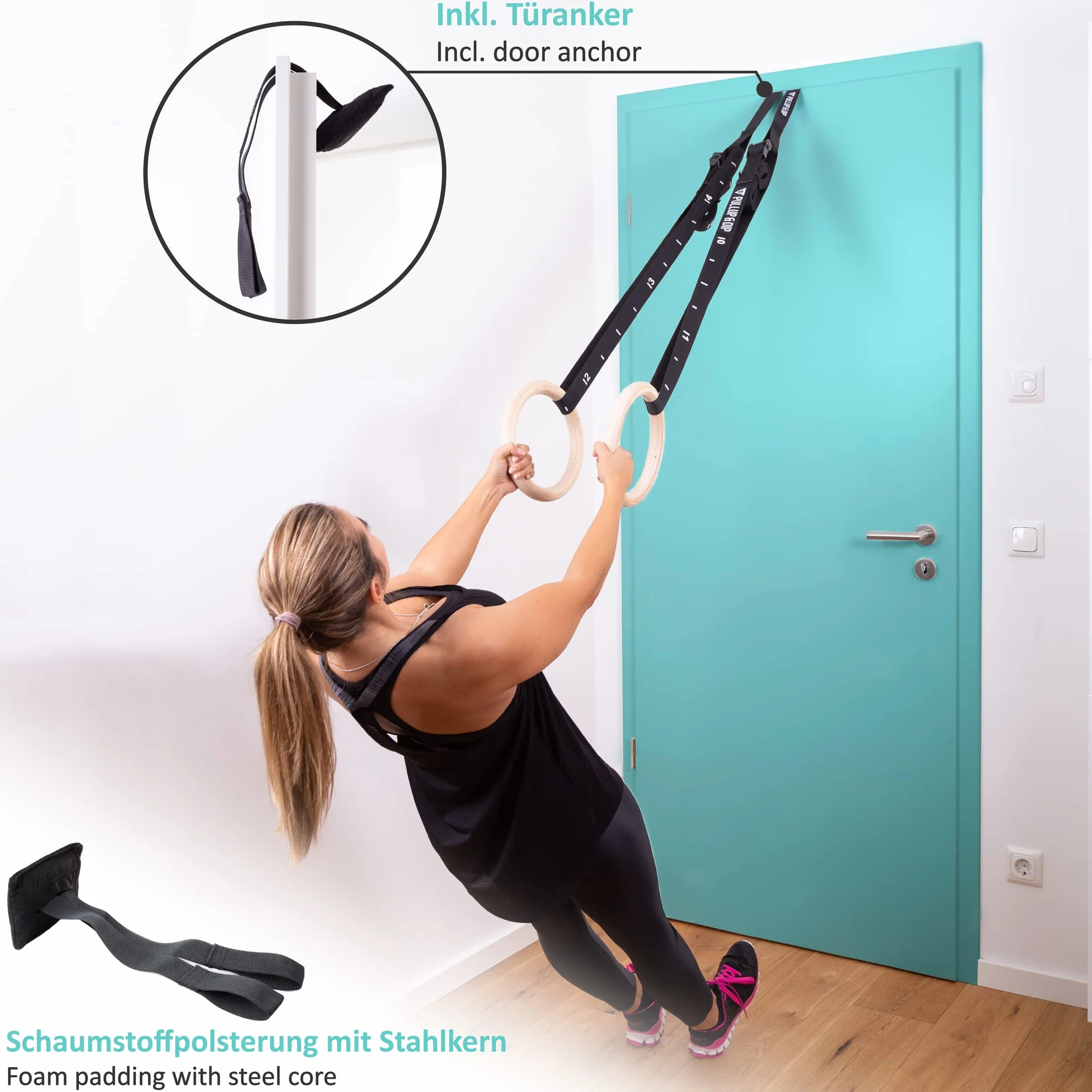 PULLUP & DIP Anelli da Gimnastica in Legno, Fitness Anelli Fitness Palestra per Calisthenics e Atletica, Gym Rings con Ampie Cinghie con Segni + Borsa Trasporto + Guida Allenamenti