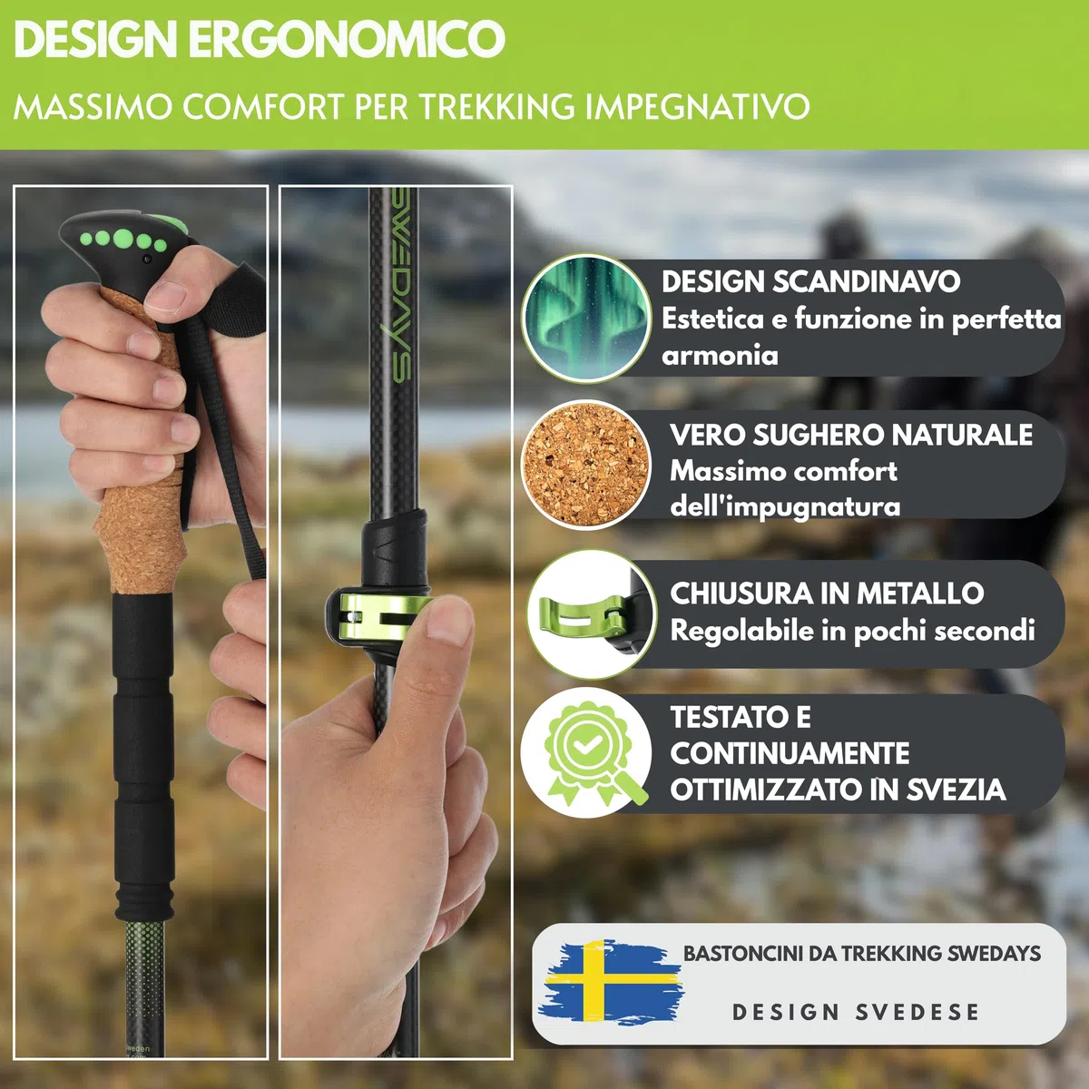 Bastoncini da trekking telescopico (Carbonio Nero) | Bastoni Nordic Walking, Manico in Sughero Ergonomico, leggero, facile da regolare 63-135 cm per per Donna e Uomo