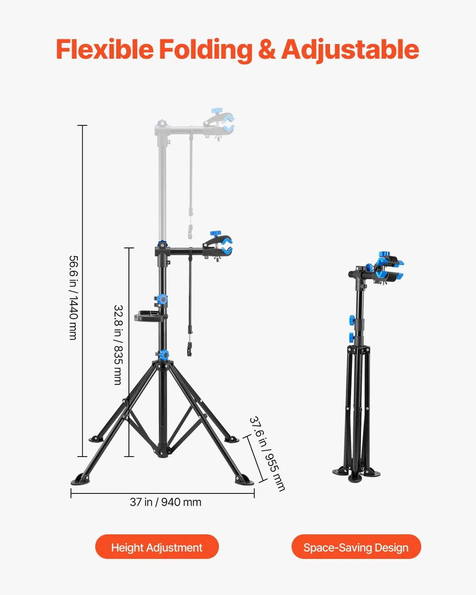 VEVOR Supporto per Riparazione Bici 955 x 940 x 1505 mm Supporto da Lavoro per Bici Resistente, Carico Nominale di 29,9 kg con Altezza Regolabile 835 a 1440 mm e Vassoio Portautensili Magnetico
