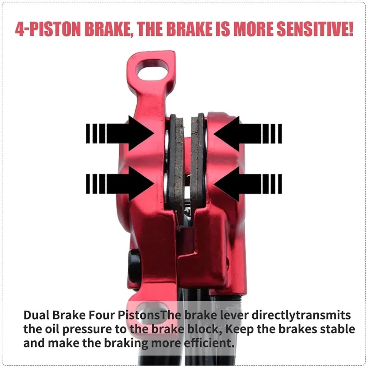Set Freni A Disco Idraulici per E-Bike A 4 Pistoncini con Rotori da 203mm Kit Freni con Spegnimento A 2 Pin con Tubo da 2300mm/adattatore/strumenti(Red-203mm)