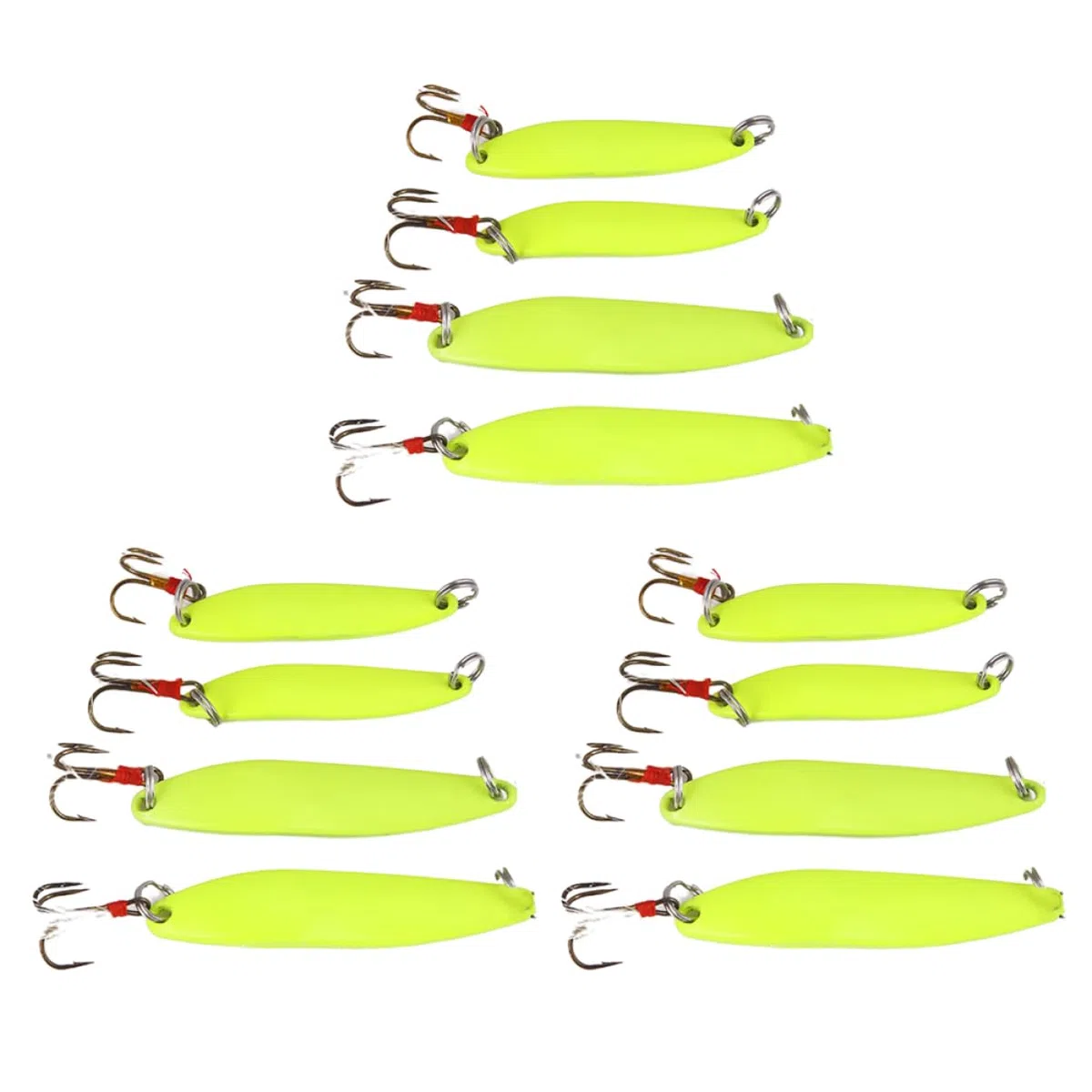 Esca da Pesca Luminosa in Metallo 12 Pezzi, 5g 7g 10g 13g | Verde Chiaro, Effetto Luminoso e Resistente, per Pesca Notturna, Adatta a Calamari e Pesci