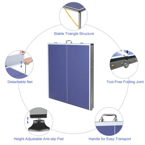 Tavolo da ping pong pieghevole da 137 cm, tavolo da ping pong portatile con rete, 2 racchette e 3 palline, superficie di gioco in MDF con rimbalzo uniforme della palla, per interni ed esterni