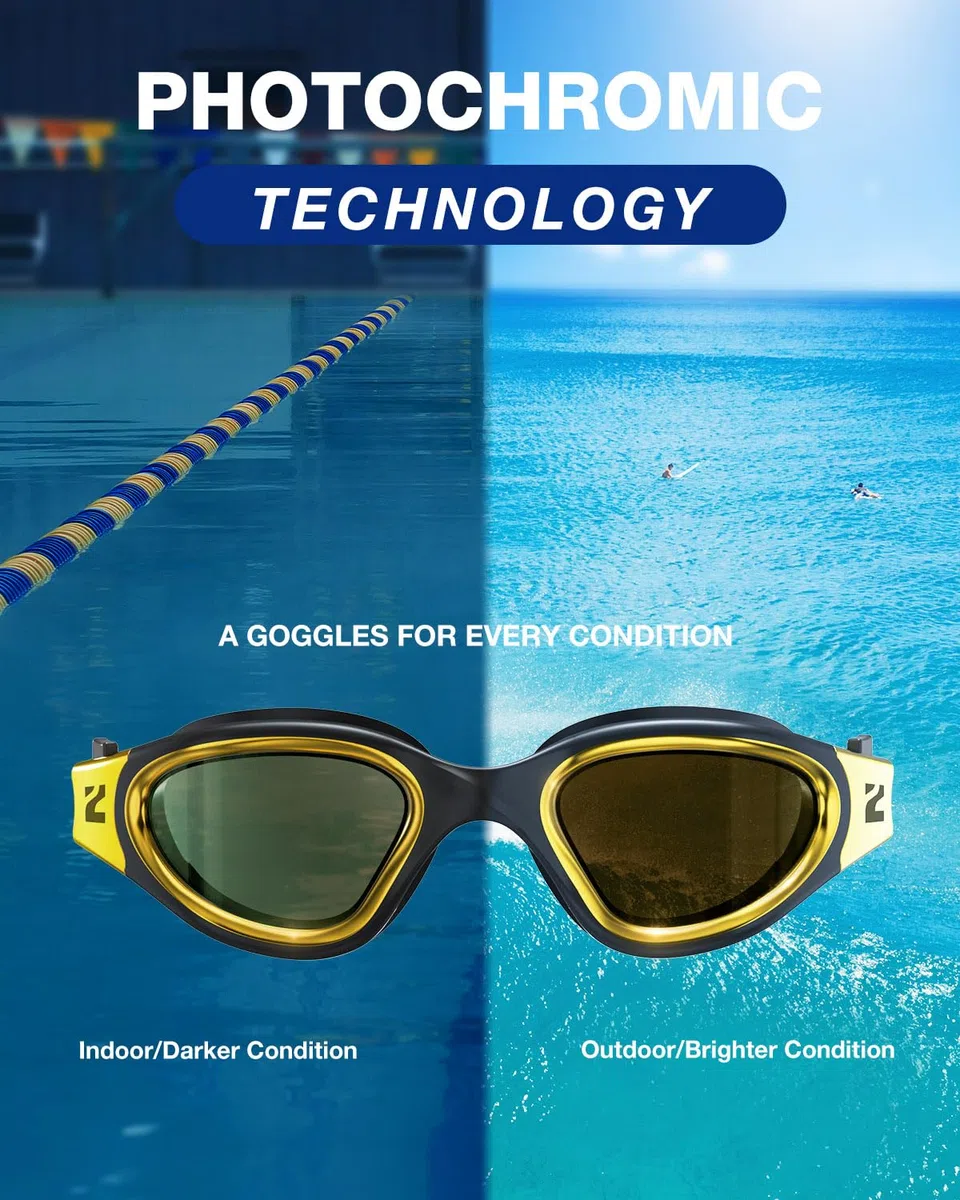 ZIONOR Occhiali da nuoto, G1 ULTRA fotocromatici polarizzati per uomini donne adulti, protezione UV a prova di perdite, cinturino regolabile per interni ed esterni (polarizzati + oro)