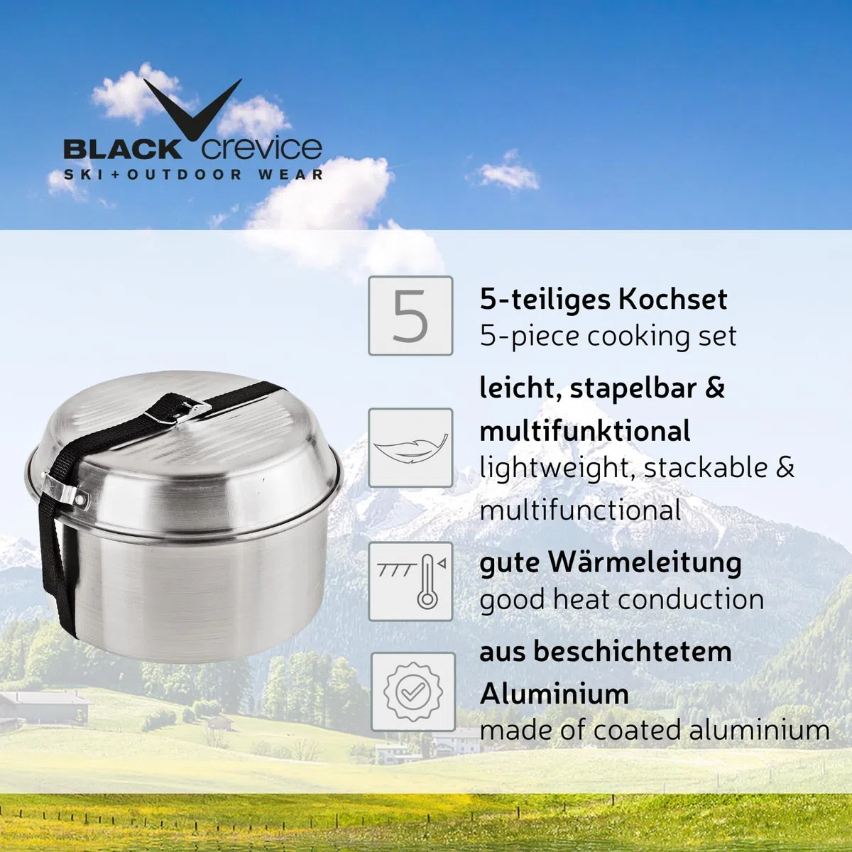 Black Crevice Set da cucina da campeggio, 5 pezzi