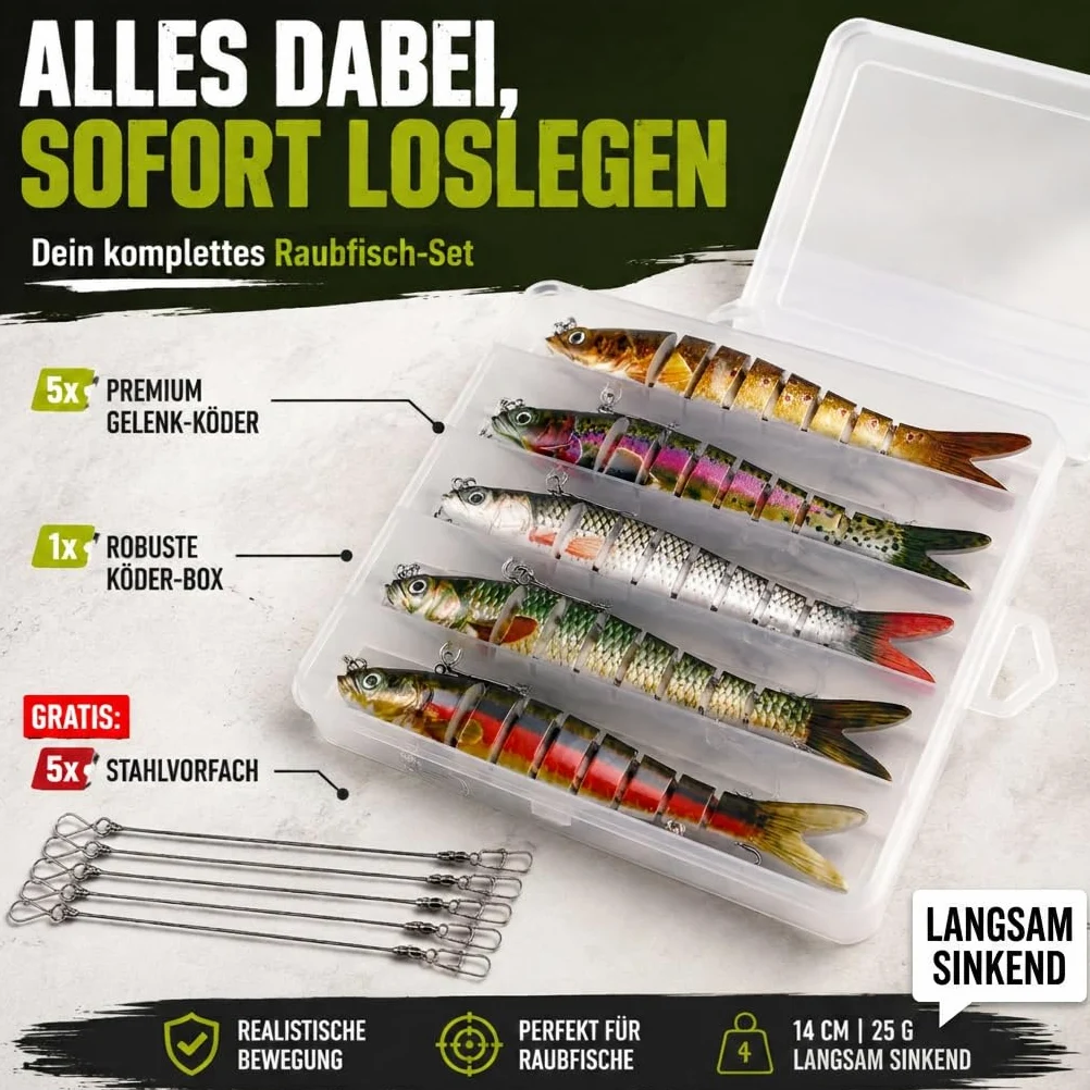 set esche artificiali 5 pezzi in scatola esche da pesca per la pesca dei predatori - spine multi-pezzo con snodo per una corsa realistica a lento affondamento