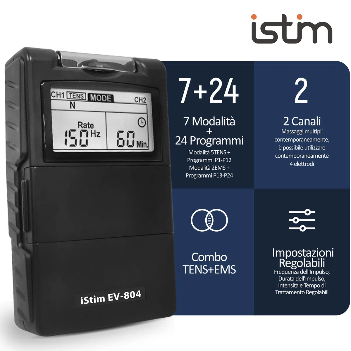 iSTIM EV-804 TENS/EMS Unità combinata a 2 canali - Stimolatore muscolare per sollievo dal mal di schiena, gestione del dolore e rafforzamento muscolare - 7 modalità, 24 programmi (8 elettrodi inclusi)