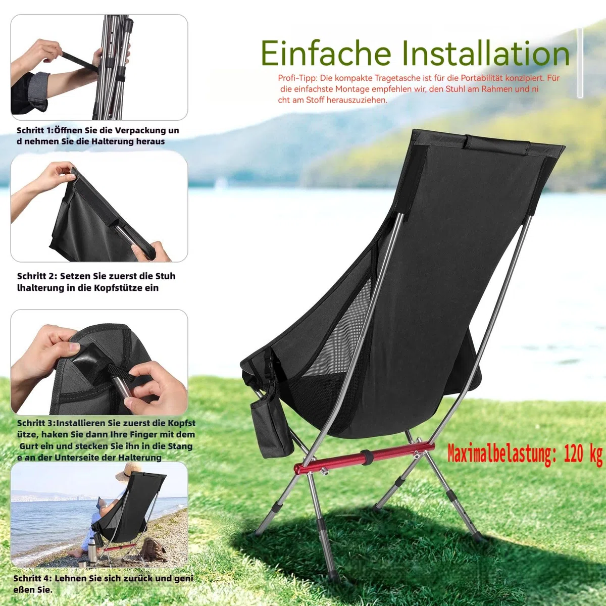 OKYUK Nuova sedia da campeggio pieghevole con schienale alto, tre altezze regolabili, borsa da trasporto leggera e custodia per tazza,Ideale per escursioni, relax in spiaggia e pesca (Nero)