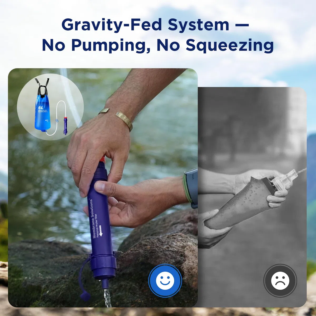 Membrane Solutions Sistema di Filtraggio dell'Acqua a Gravità Portatile, con Sacca d'Acqua da 6L, Filtro per Acqua di Campeggio, Rimuove il 99,9999% dei E.Coli