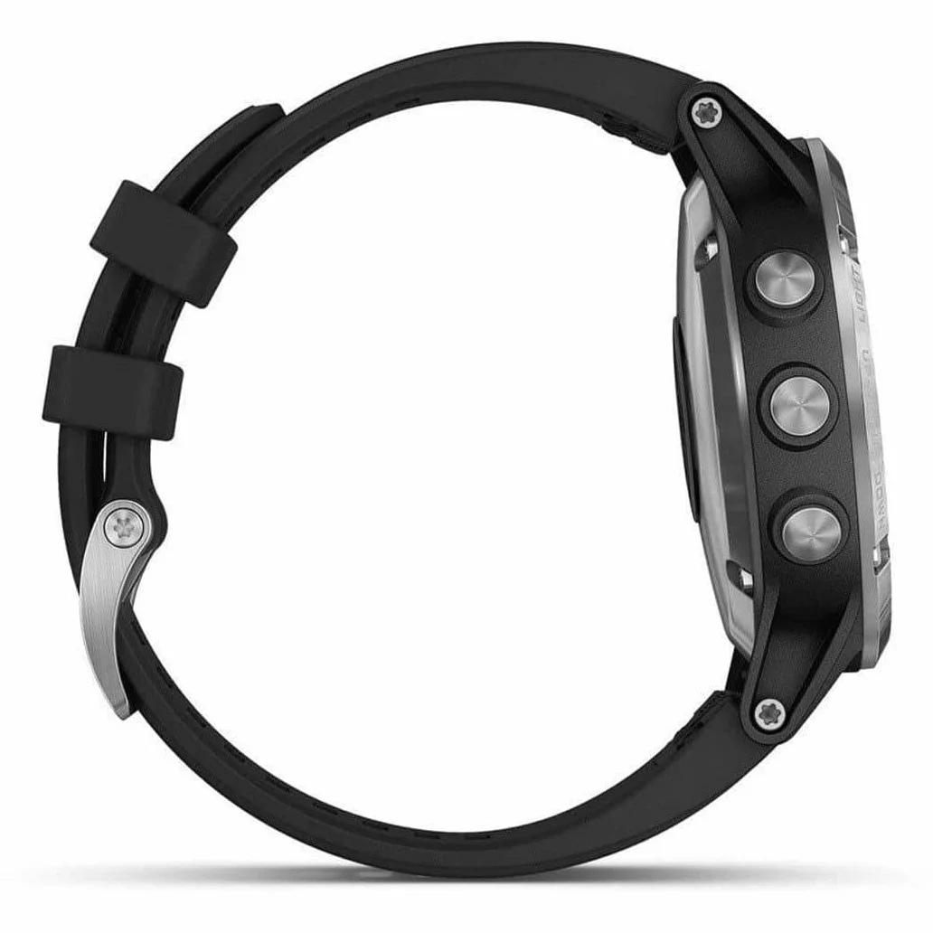Garmin Fenix 5 Plus Smartwatch Multisport con Mappe GPS, Musica e Pagamento Contactless, Glass 47 Mm, Bussola/Giroscopio/Altimetro, Silver con Cinturino, Nero
