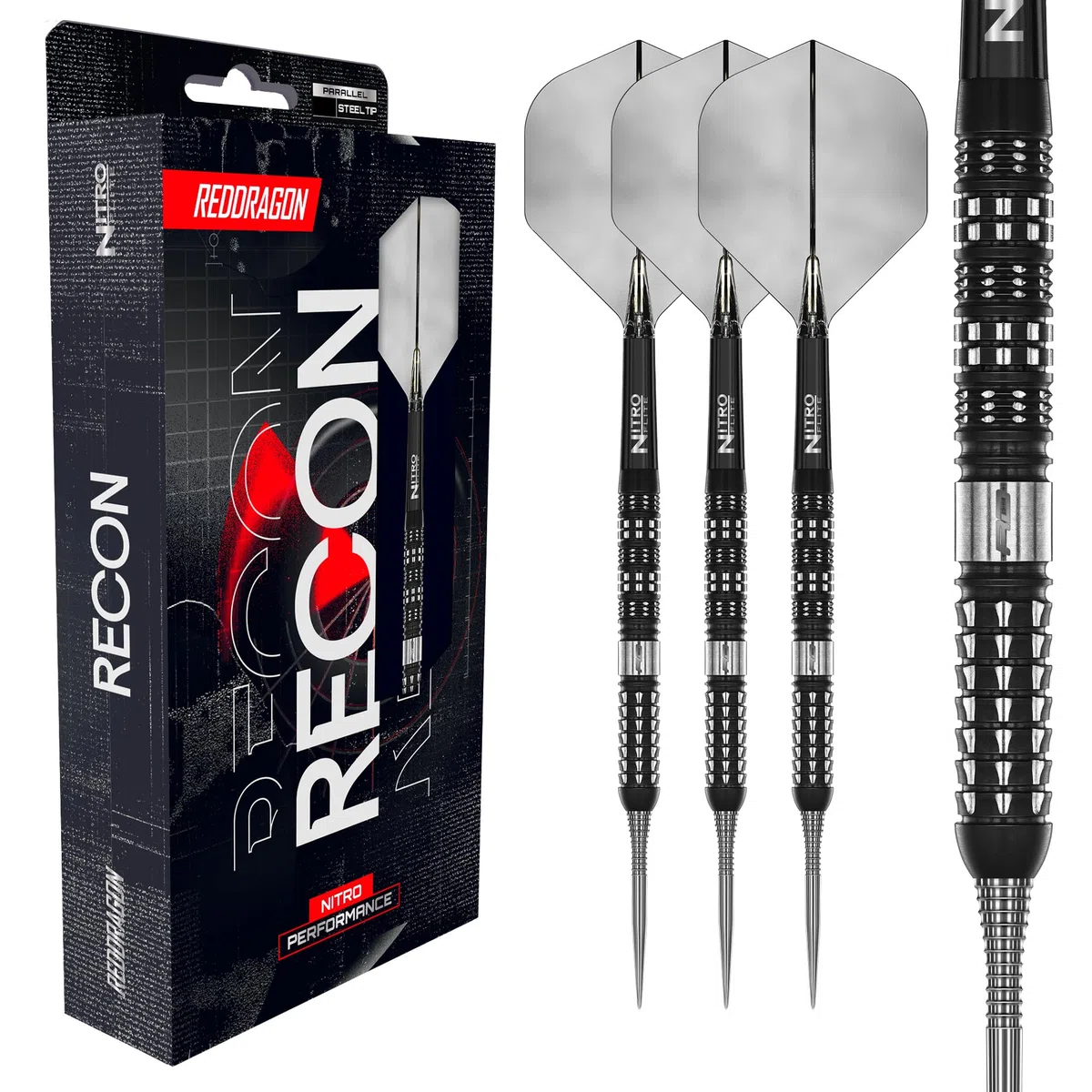 RED DRAGON Darts – Recon Series – Freccette professionali al 90% di tungsteno – Nitro Flite – Volo/pozzo integrato, freccette e fusti | Frecce in acciaio 21 g, 22 g, 23 g, 24 g e 25 g, punta morbida