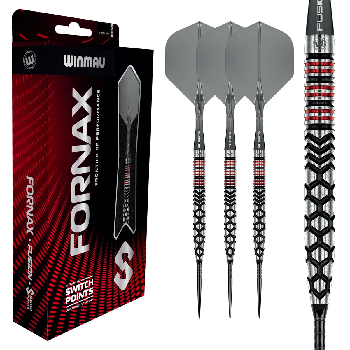 WINMAU Darts-Fornax – Set di freccette professionali al 90% in tungsteno, tecnologia Switch Point, fusti paralleli neri e rossi, 2 punti intercambiabili (onda e liscia), sistema di cambio rapido |