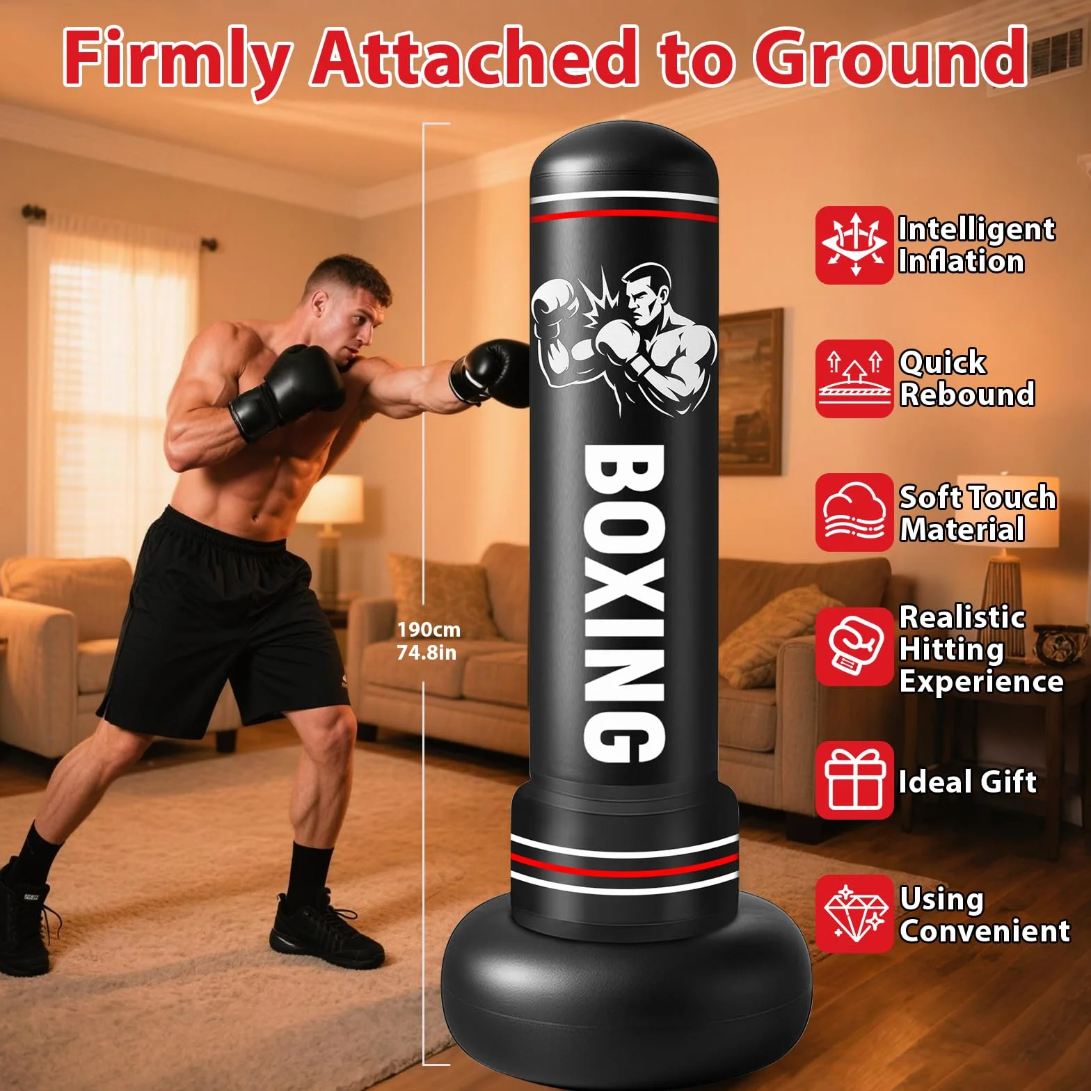 Sacco da Boxe da Terra,190cm Sacco da Boxe per Adulti Gonfiabile con Guantoni e Pompa, Gonfiabile Pungiball Bambini per Kickboxing, Karate, Boxing Bag da Casa e Ufficio
