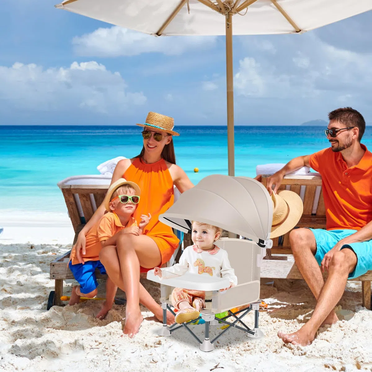Seggiolino portatile da viaggio per bambini, con vassoio per mangiare, pieghevole, con tettuccio parasole, per casa, picnic, viaggi, prato, campeggio, spiaggia