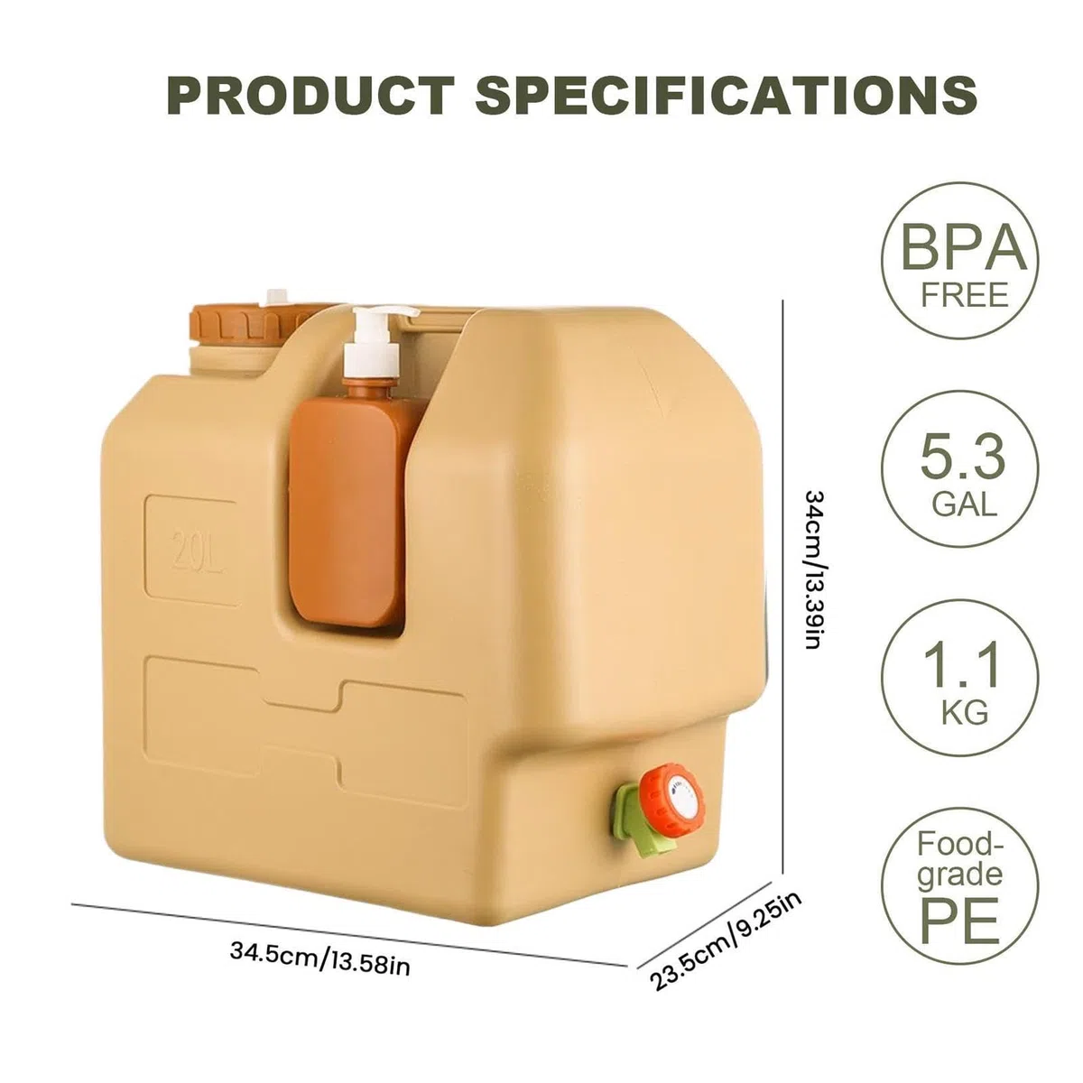 Generico Tanica d'Acqua Portatile Serbatoio da 20 Litri | Giara d'Acqua da Campeggio con Rubinetto Per Escursionismo All'Aperto Picnic Viaggio Sopravvivenza Zaino In Spalla Caccia