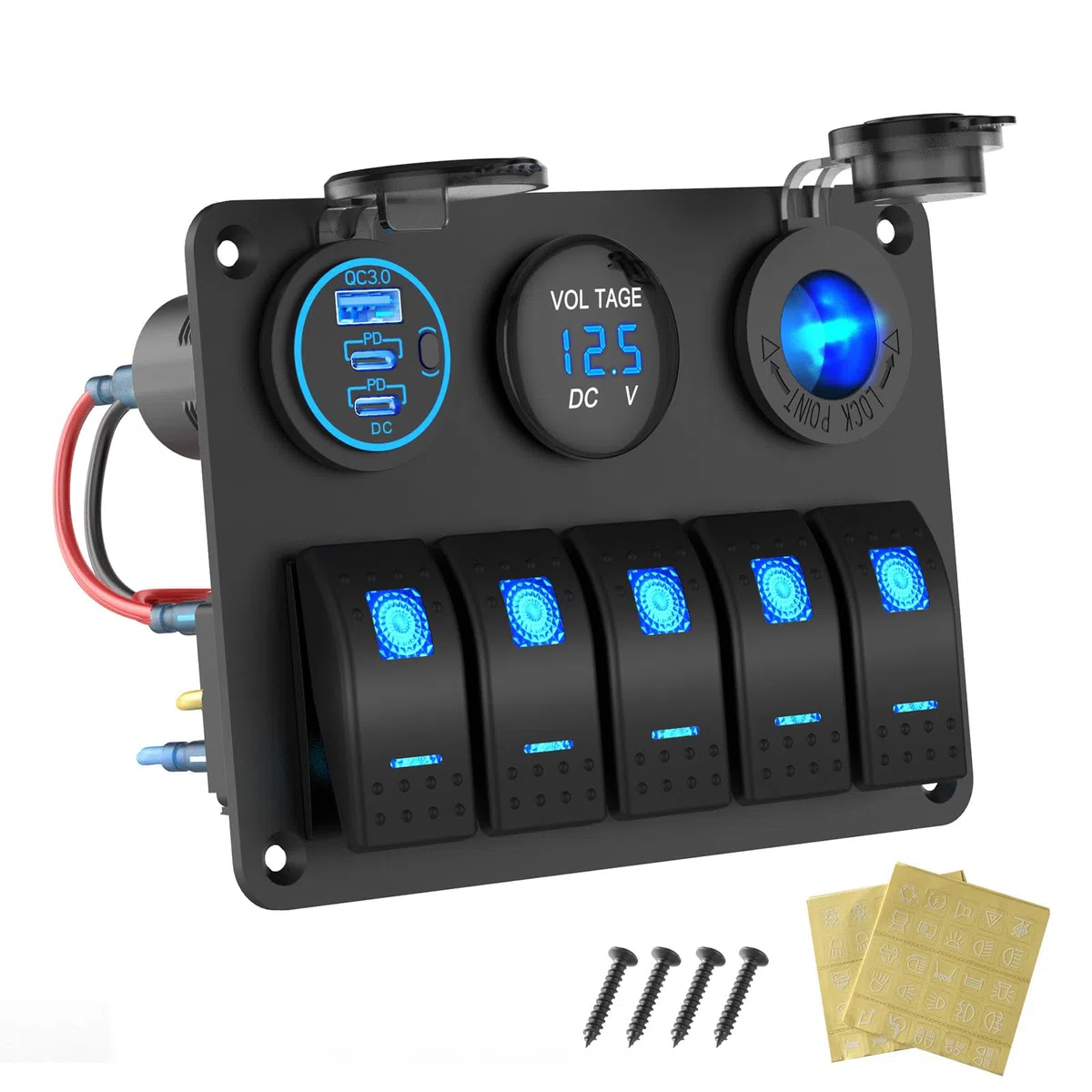Pannello interruttore barca marina impermeabile, Interruttore a bilanciere a 5 canali Caricabatterie in alluminio con 3 porte Uscita USB 66W 12V, Presa accendisigari 150W e voltmetro per camion, auto