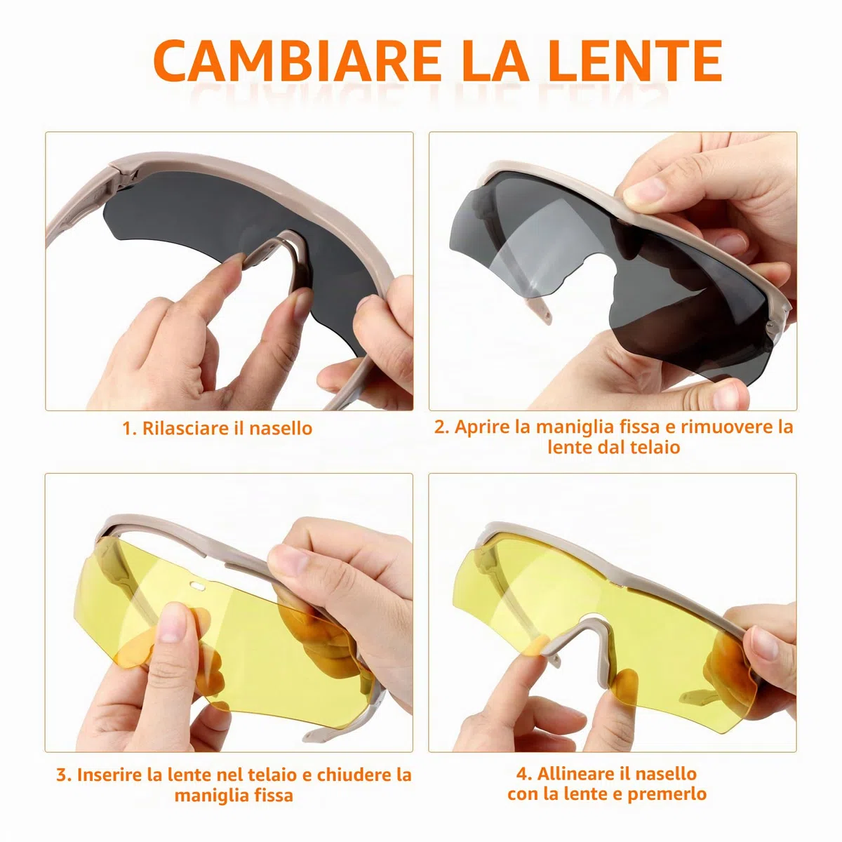 Occhiali Sportivi ANSI Z87.1, Occhiali da Tiro, Occhiali da Sole Antiappannamento con 3 Lenti per Uomo Donna Ciclismo, Escursionismo, Corsa (Cachi)
