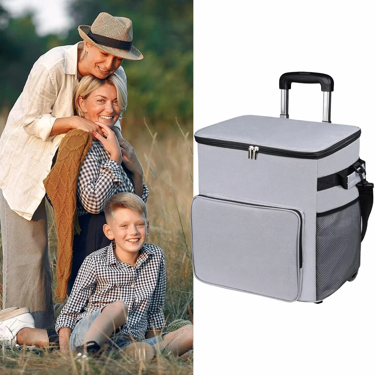 Carrello frigo con ruote, isolato, borsa morbida a prova di perdite, con maniglia, per picnic, spiaggia, viaggi, campeggio, 90 x 33 x 28 cm, nero, 1 pezzo