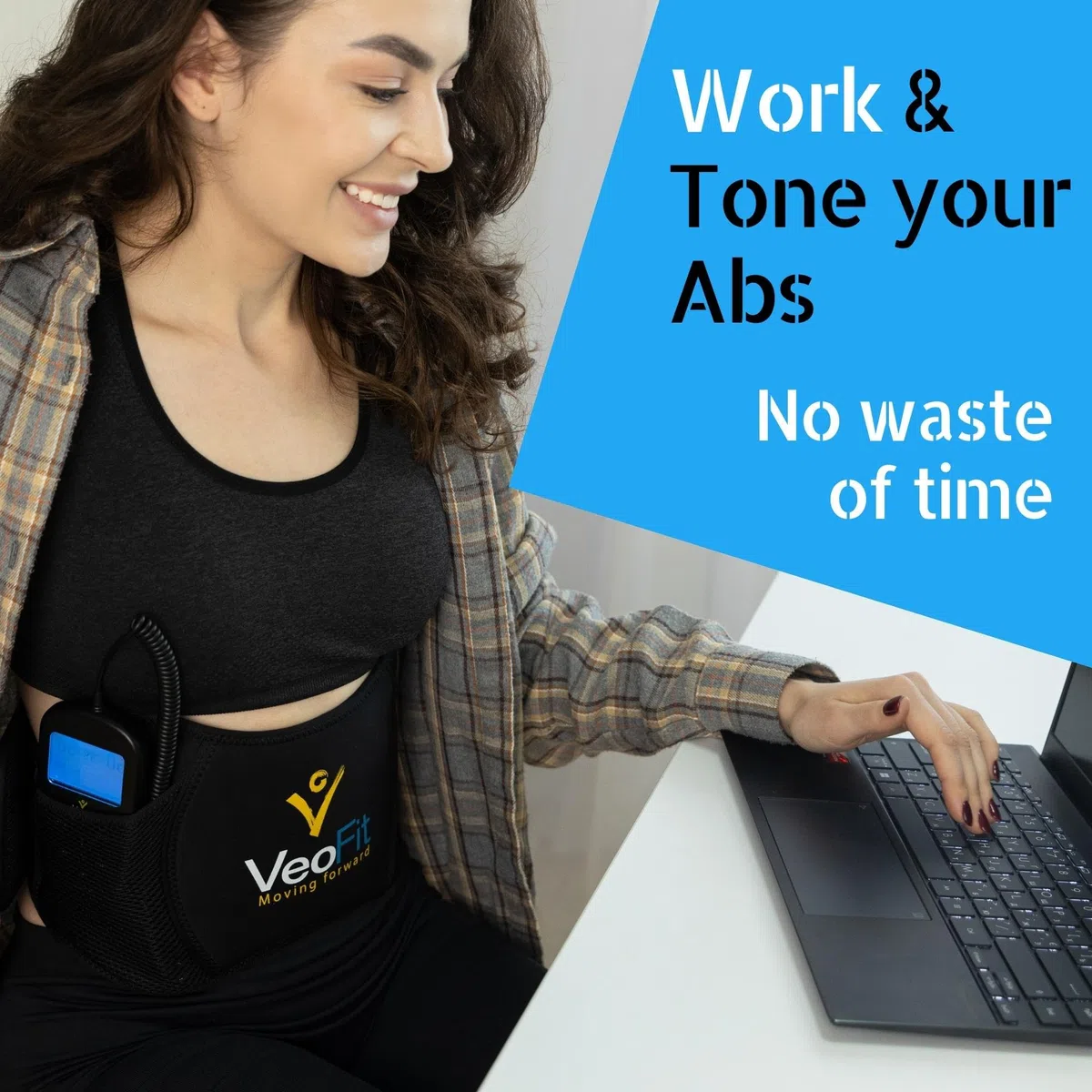 VEOFIT Cintura Addominale elettrostimolazione e Sollevamento Pesi, elettrostimolatore Muscolare in ABS, per Uomini e Donne, 10 programmi, 99 Livelli di intensità, Senza Fili, con Gel