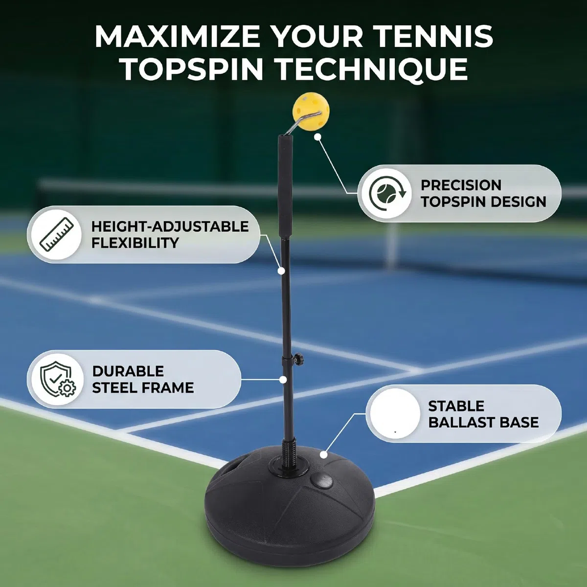 Allenatore da Tennis Topspin, Altezza Regolabile da 75 a 100 Cm, Attrezzatura per Allenamento da Tennis con Design di Rimbalzo, Dispositivo per Allenarsi con Base di Riempimento con Sabbia e