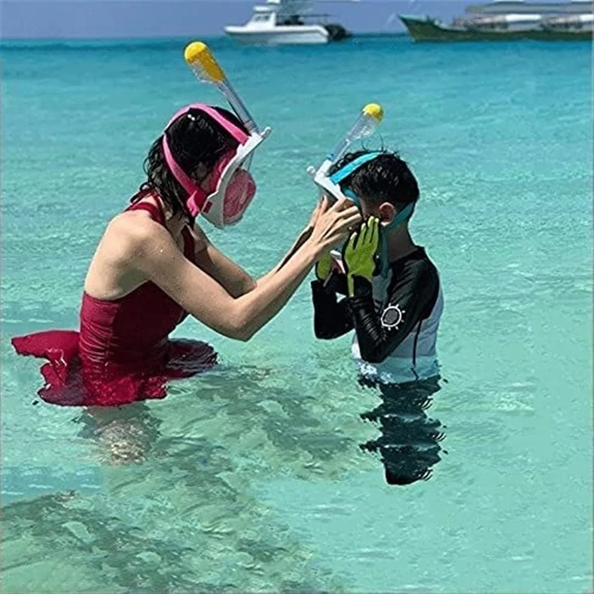Maschera da snorkeling integrale in silicone, boccaglio subacqueo a 180°, maschera sub a bocca piatta di tipo asciutto, adatta for adulti e bambini