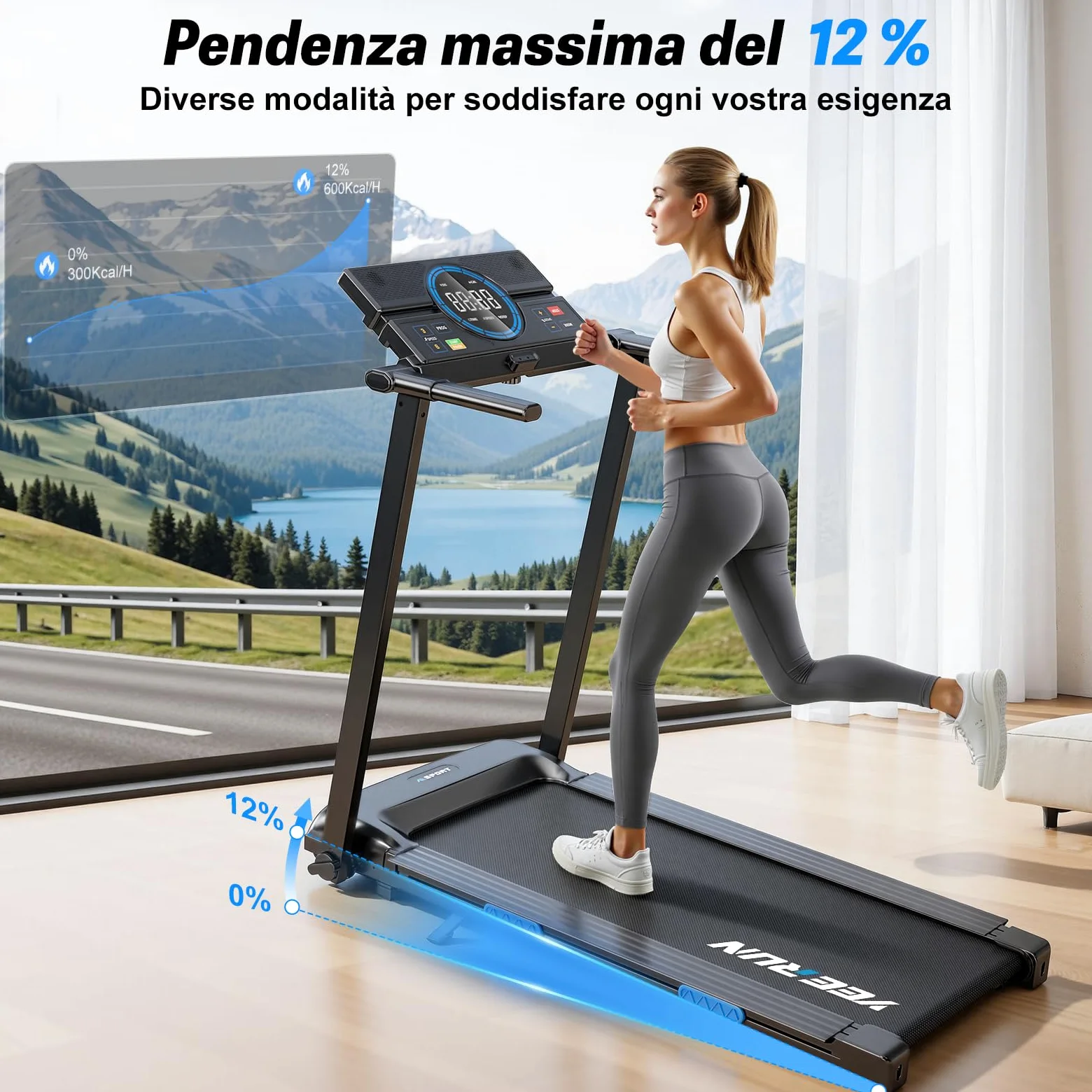 Tapis roulant, 4 in 1 - Inclinazione del 12% - Motore da 2,5 CV - Velocità da 1 a 8 km/h - Dotato di display a LED e console di controllo - Pieghevole