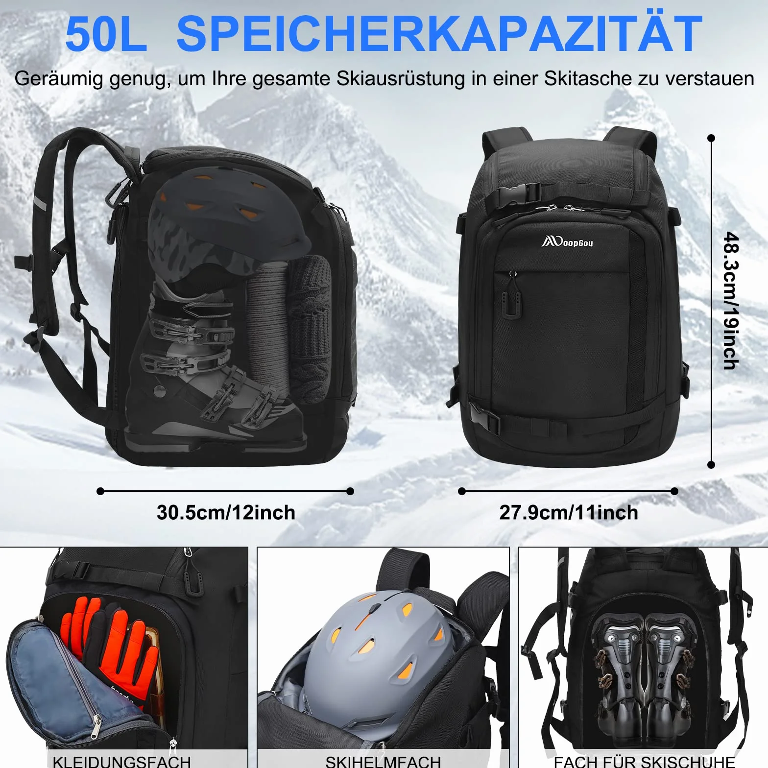 Borsa per scarponi da sci con scomparto per casco, 50 l, in nylon 1680D, zaino da sci con borsa per casco, borsa da sci, pattini, snowboard, pattini in linea