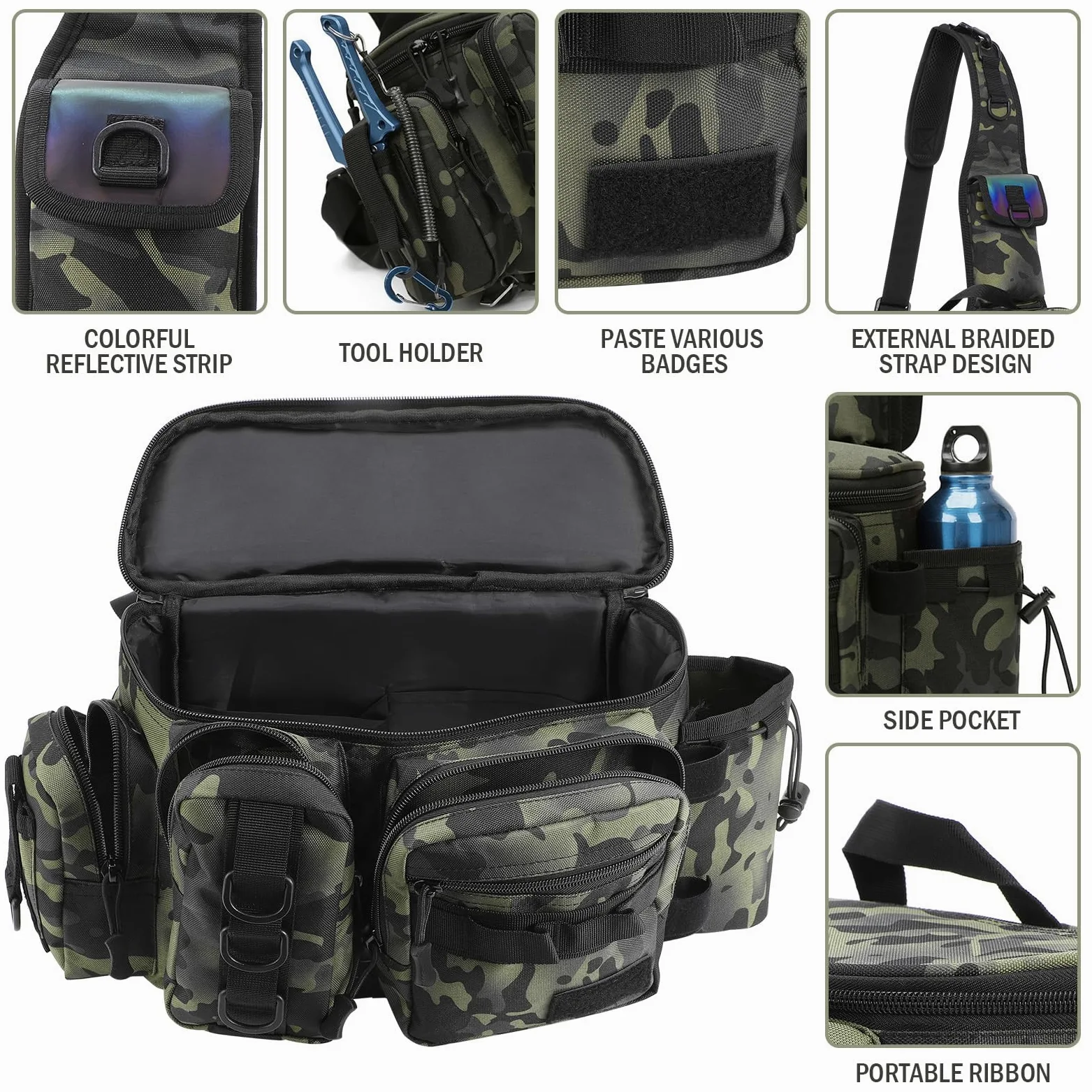 Borsa da Pesca Impermeabile Oxford Alta Capacità, Tracolla per Attrezzatura all'Aperto con Organizer per Canna e Attrezzi