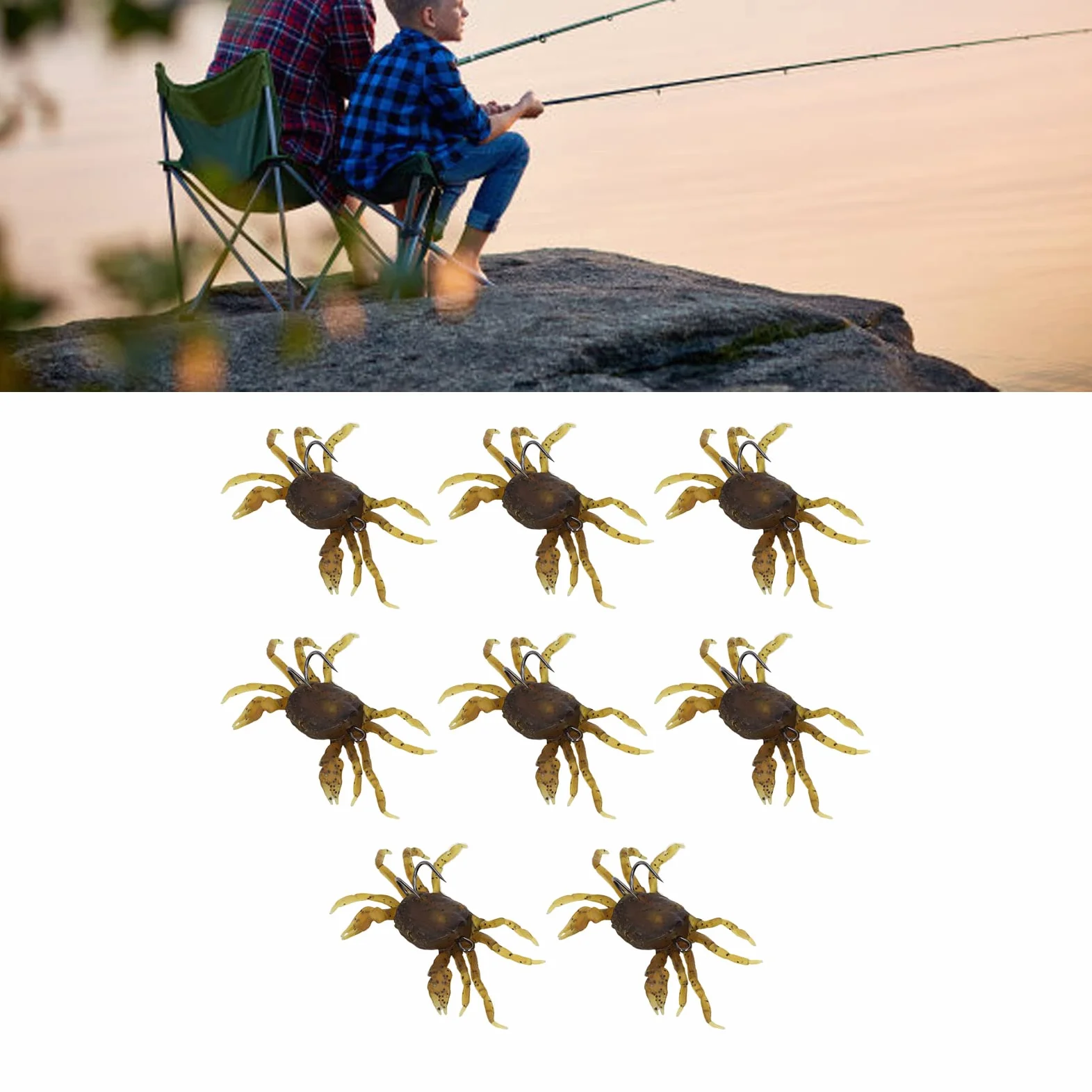 RiToEasysports Esche artificiali per granchio, 8 pezzi, 13 cm, 33,5 g, esche morbide per la pesca a granchio, con ganci, esche artificiali per acqua dolce e salata (marrone giallastro)