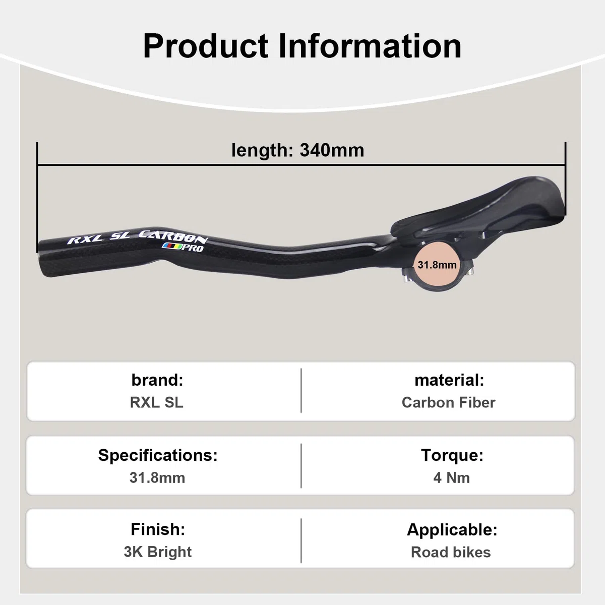 RXL SL Manubrio Bicicletta 31.8 Manubri TT 340mm Manubrio in Carbonio Aero Appendici Manubrio MTB per Mountain Bike o Road Bike 3K Lucido