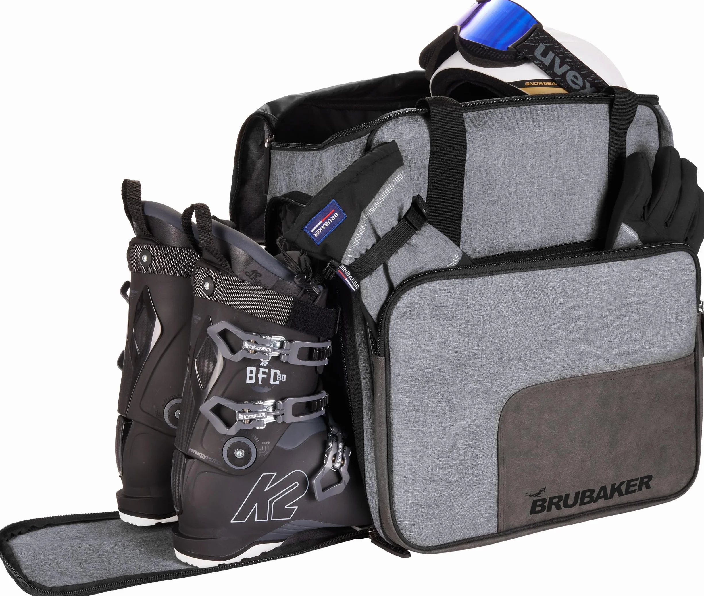 Brubaker Combi Set Carver Performance - Borsa da Sci e Borsa per Scarponi da Sci per 1 Paio di Sci + Bastoncini + Scarponi + Casco - Grigio Nero