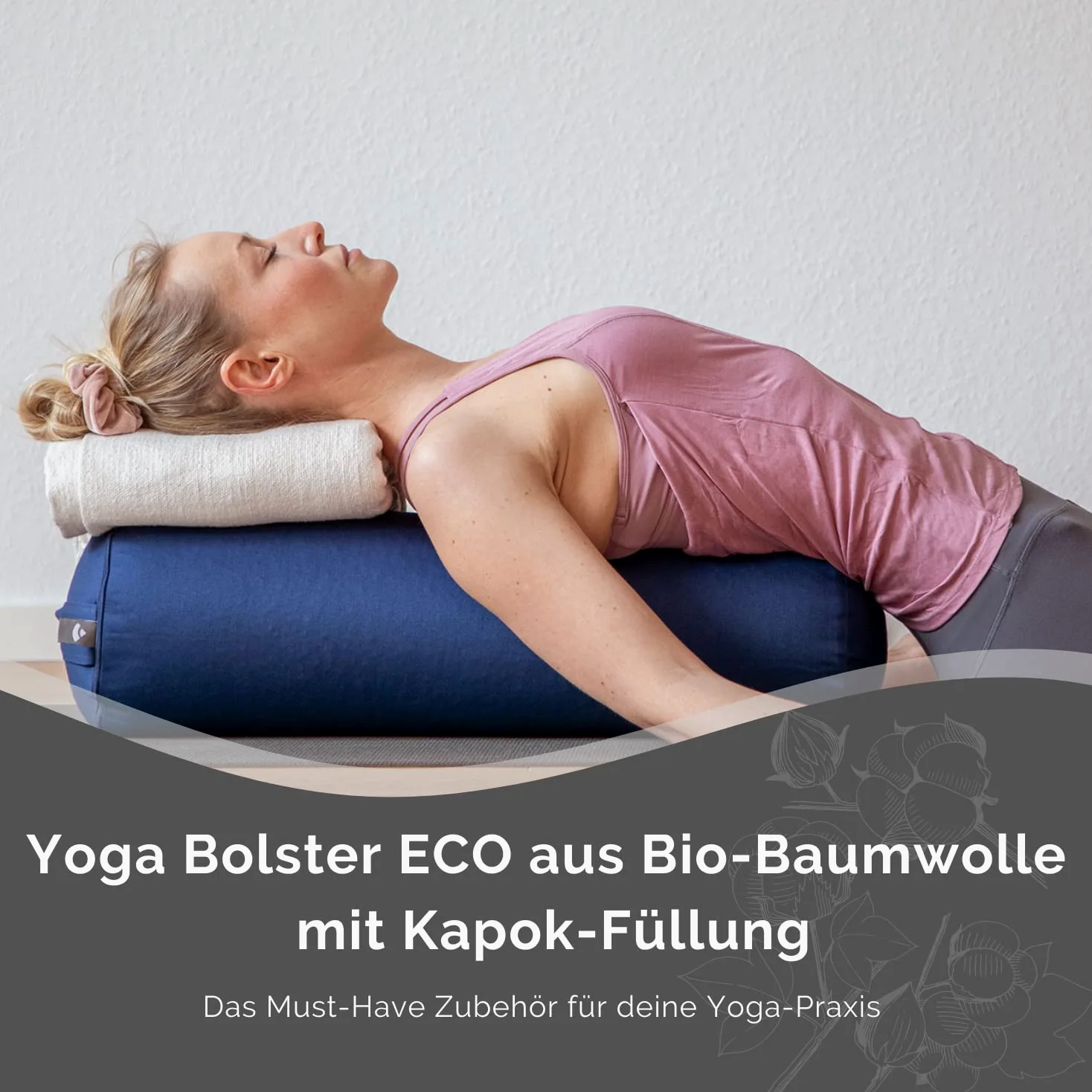 Bodhi Yoga Bolster | Serie ECO | Rullo da yoga con imbottitura in kapok | Rivestimento lavabile in 100% cotone biologico | Cuscino da yoga per yoga ristorativo | Grande 65 x 22 cm