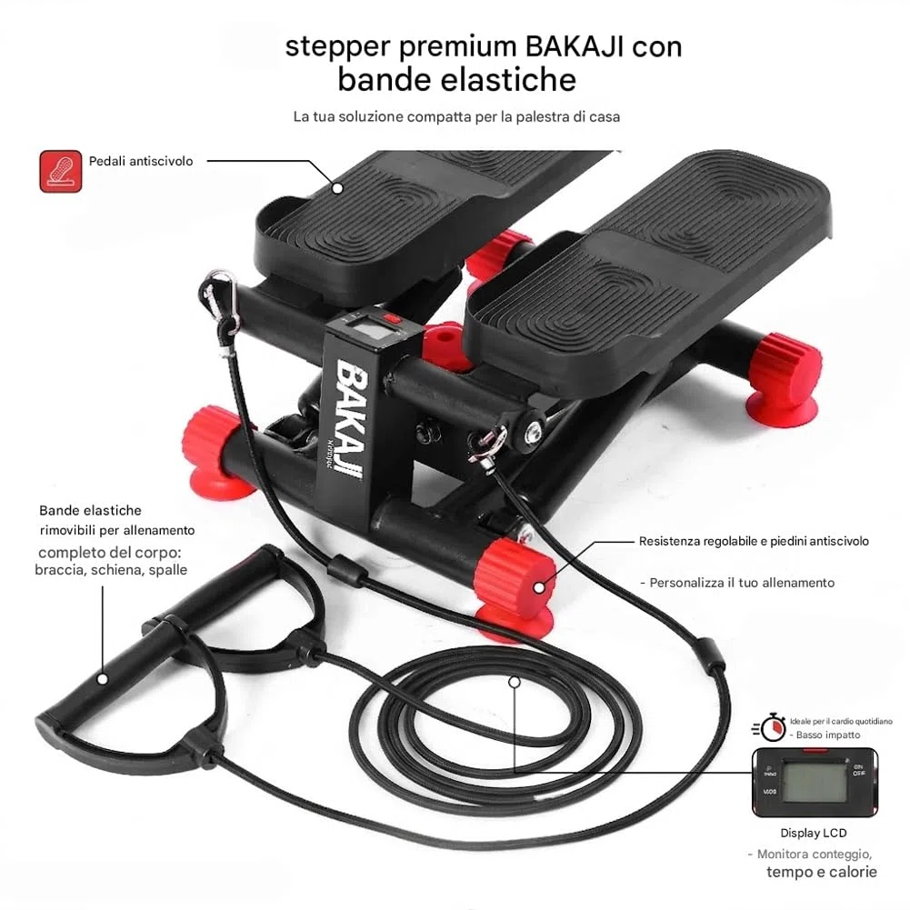 BAKAJI Stepper Fitness per Casa Multifunzione 3in1 con Display LCD e Elastici per Allenamento Braccia Full Body, Attrezzo da Palestra con Accessori Versatile per Cardio Conteggio Calorie, Tempo, Reps