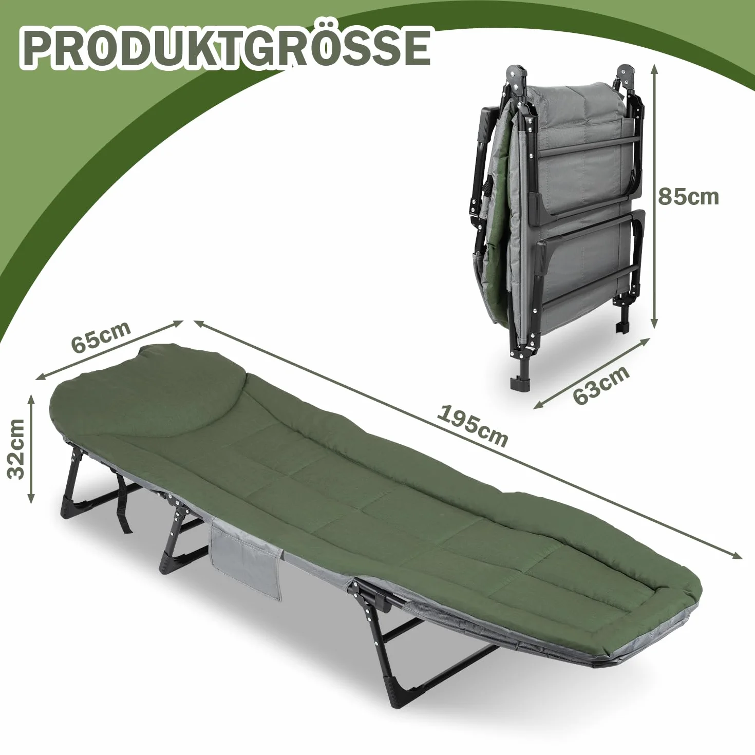 Angelsport - Lettino da pesca alla carpa, 195 x 65 x 32 cm, fino a 160 kg, altezza regolabile, pieghevole, con borsa per il trasporto, per campeggio, pesca, giardini, verde
