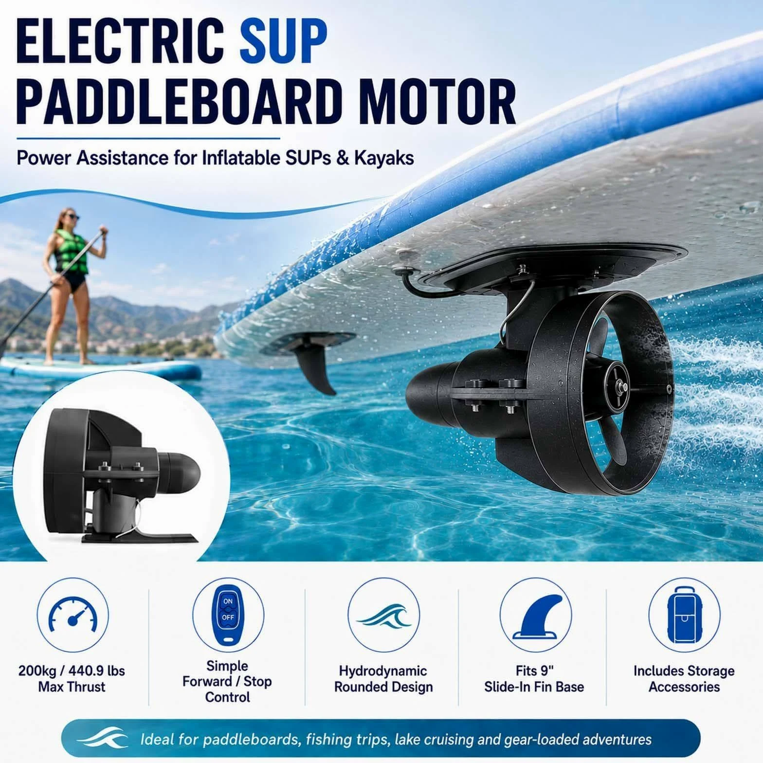 Motore Elettrico per SUP con Attacco Universale per Pinna, Propulsore Subacqueo a 12V per Paddle Board e Kayak, Spinta 440 Libbre 216W