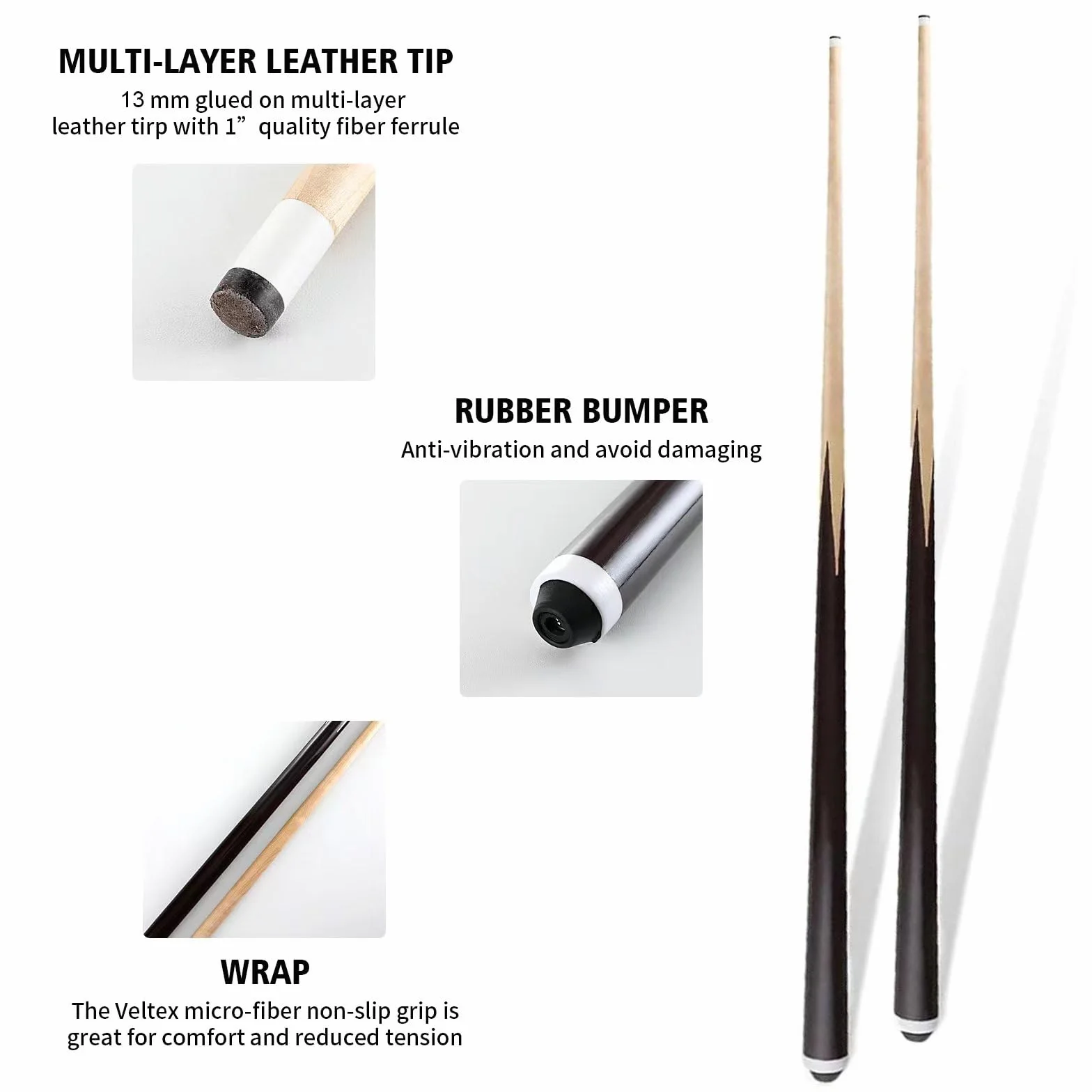JX Set di 2 Stecche da Biliardo Professionali con Punta da 13 mm, in Legno di Acero Canadese da 147,3 cm, 2 Pezzi
