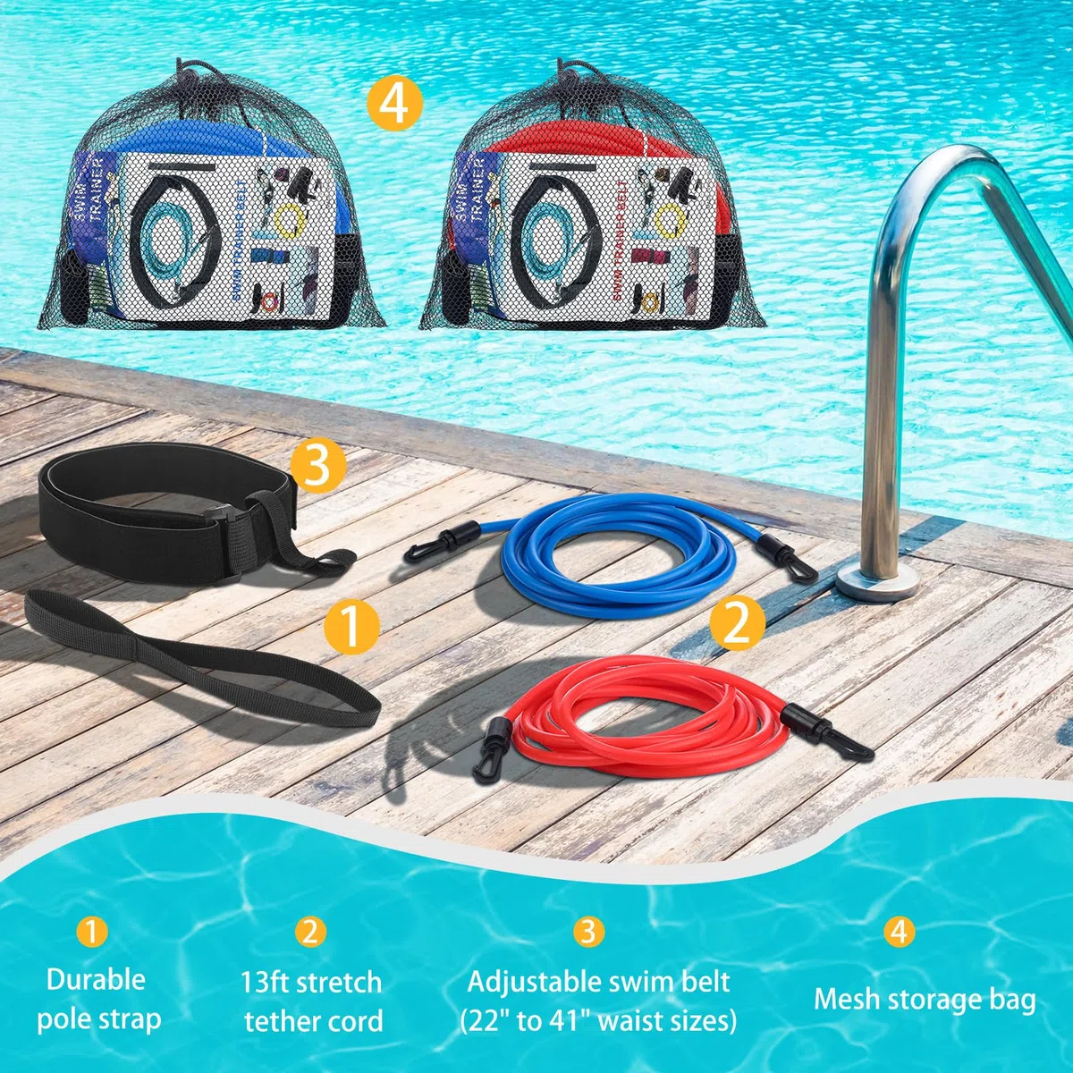 Wettarn Confezione da 2 cinghie da allenamento per nuoto, 4 m, per esercizi fissi e di resistenza acquatica, con borsa in rete, per allenamento in piscina e nuoto