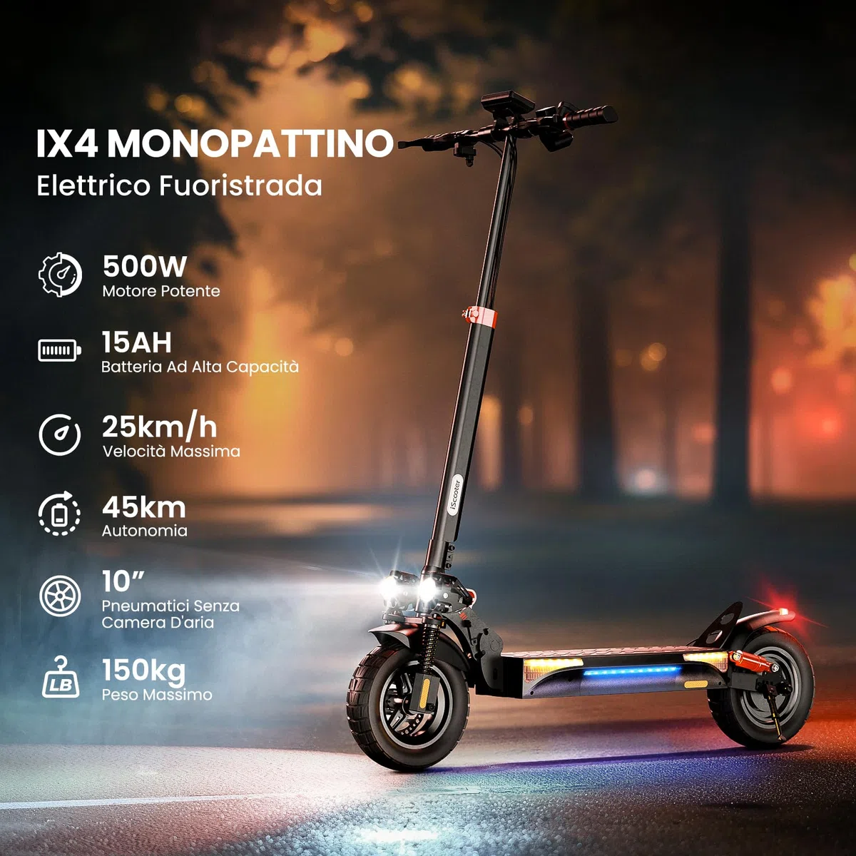 iScooter IX4 Monopattino Elettrico Adulti Fuoristrada 10'', Batteria da 48 V 15 Ah, Autonomia Massima 45 km, Pieghevole Design, Controllo Tramite App, Portata Massima 150 Kg, Ammortizzatore Quadruplo