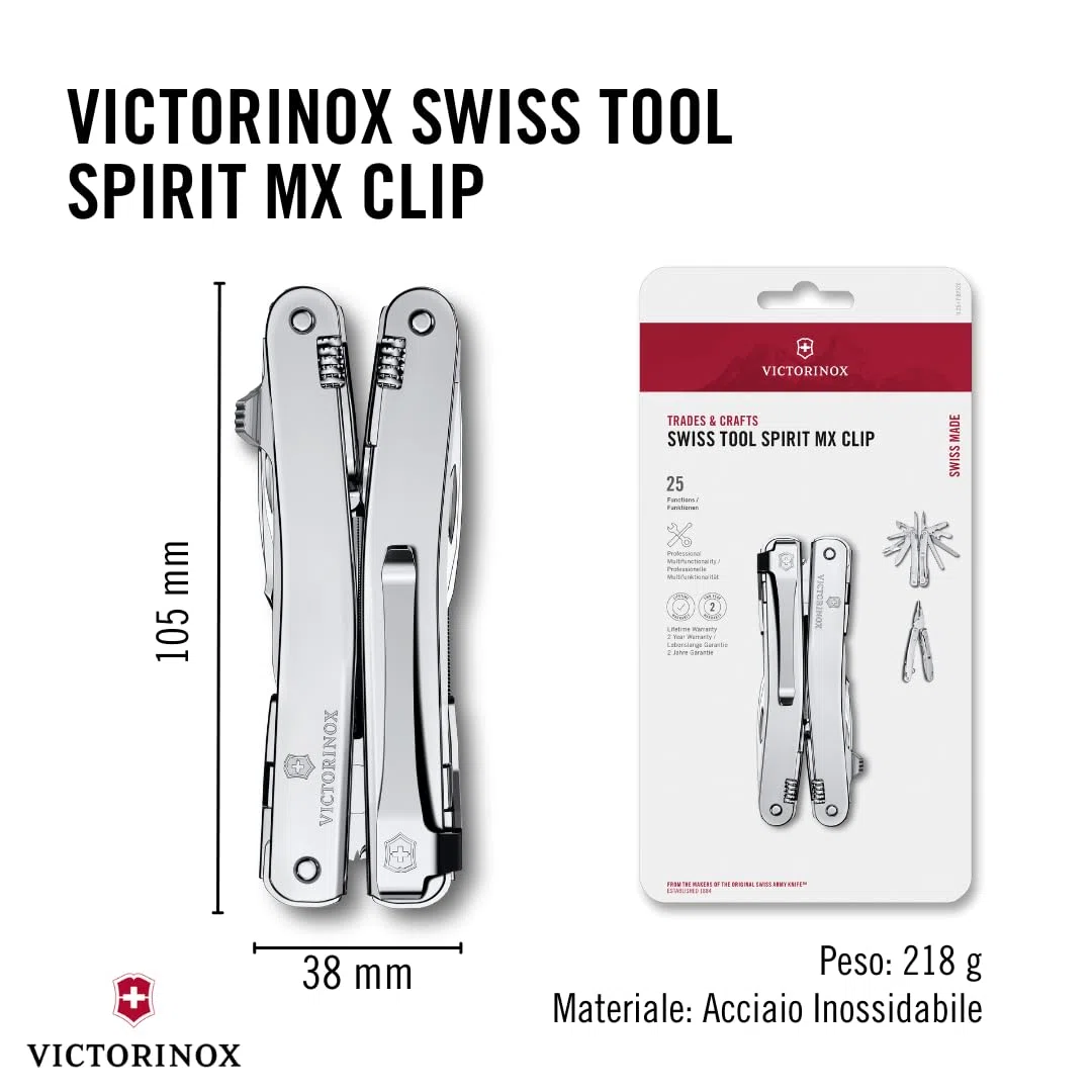 Victorinox Coltellino Svizzero Swiss Tool Spirit MX Clip, 24 Funzioni, Multi-strumento con Pinza, Cacciavite, Apriscatole, Argento