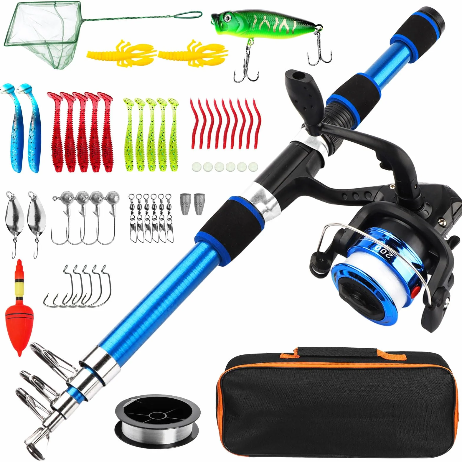 Kit Pesca Bambini 55 Pezzi Canna Telescopica 1,8m | Set Pesca Principianti con Mulinello Esche Guadino Borsa Trasporto per Bambini e Bambine da 3 Anni