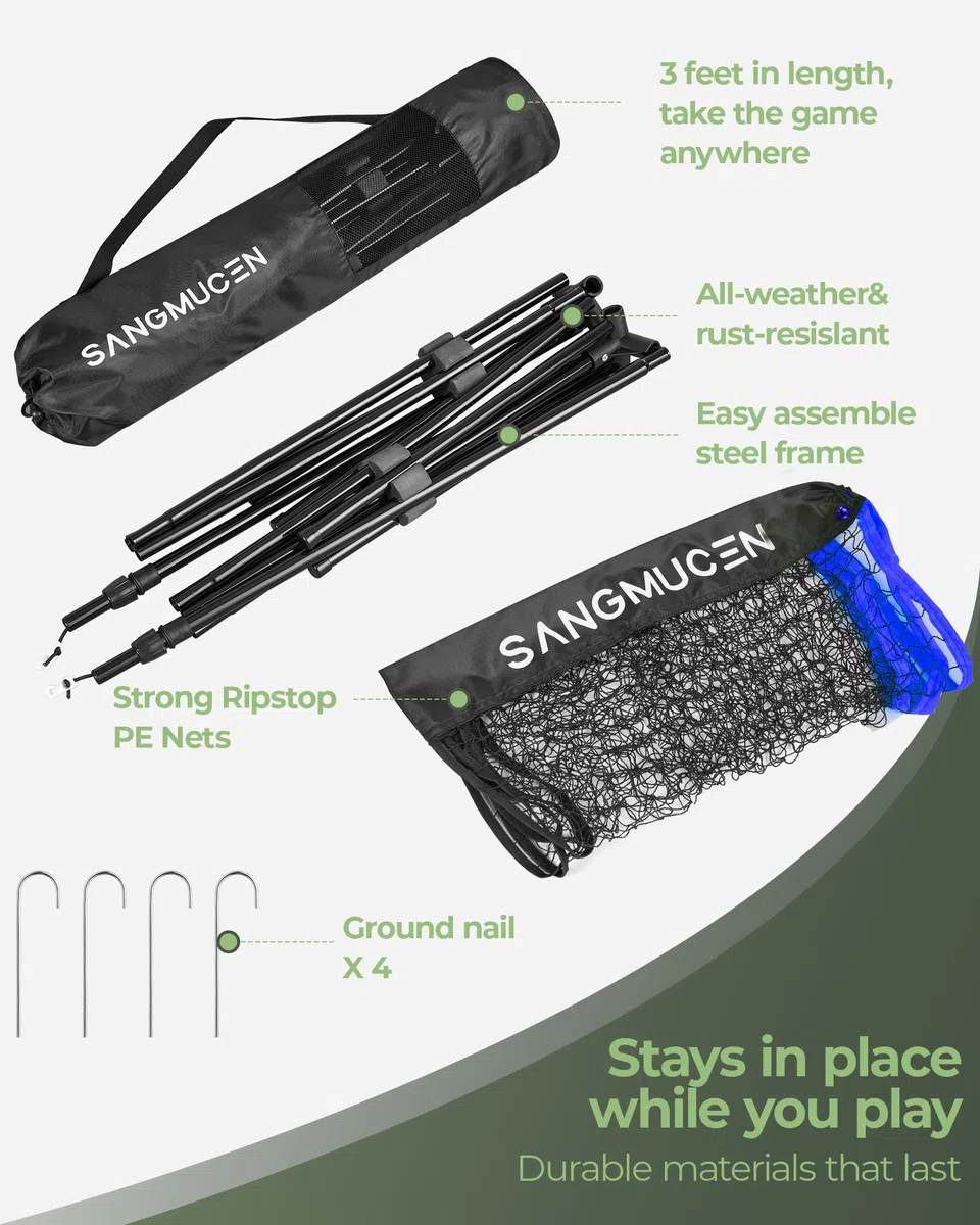 SANGMUCEN Set di rete da badminton da 3 m/4 m/5 m, rete da pallavolo all'aperto, regolabile in altezza, portatile, con borsa per il trasporto, rete sportiva ideale per tennis, badminton per bambini o